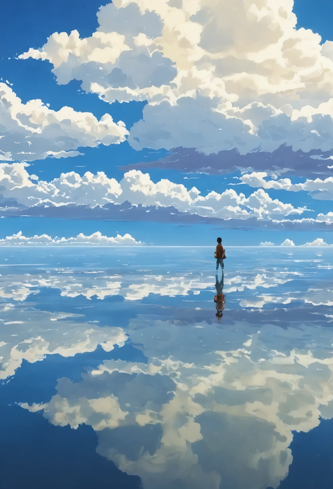 Draw a simple art in Tintinpixai style, a young boy in a large body of water with clouds in the sky, In the Salar de Uyuni, Incredible reflections of the sky, Incredible reflections, beautiful reflection, impressive photo, Epic and impressive, Crossing the Blue Horizon, anime beautiful peace scene, anime-realist anime-realist!!!!!!!!! nostalgic animated animated art background, Makoto Shinkai!!, anime movie background best of seaart hd 8k