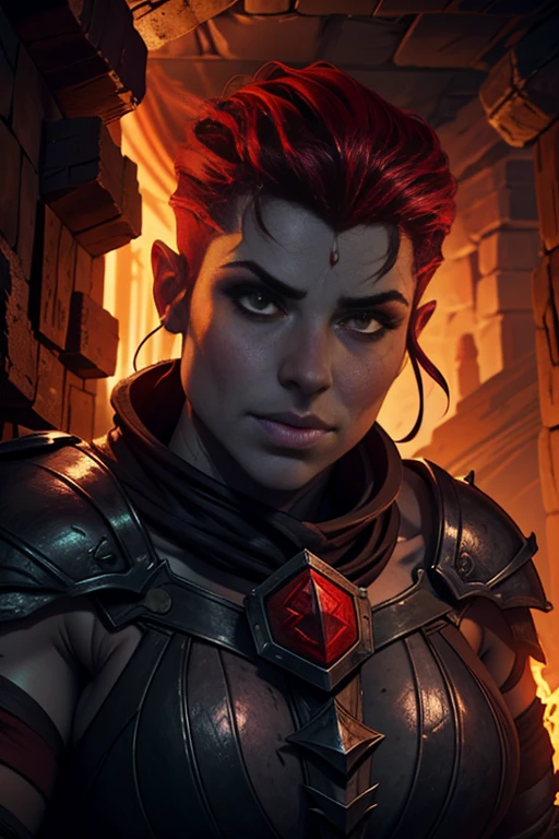 Portrait of a Duergar sexy female dwarven adventurer, (grey skin), hot black and red hair, stocky, in a undeground cavern, dramatic lighting, undercut hair, muscled, fit, leaning against wall, young, youthful, huge fat lips