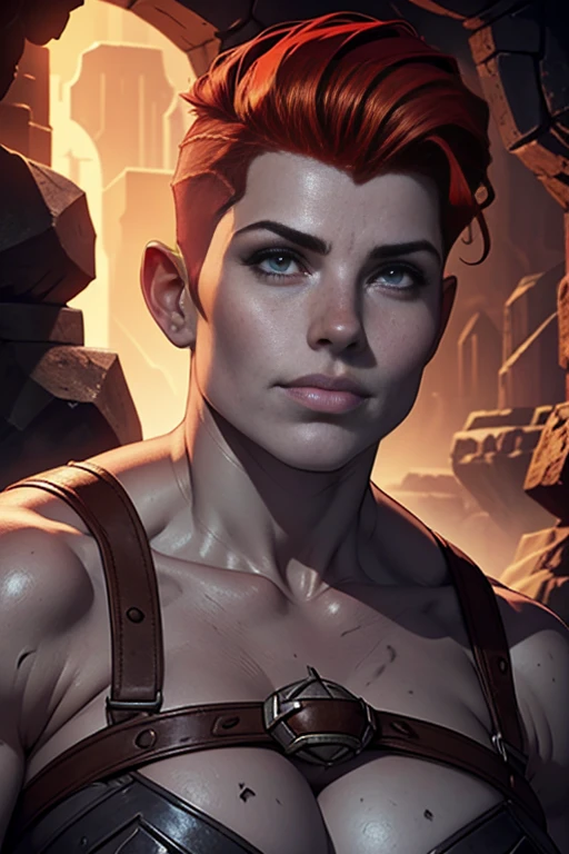 Portrait of a Duergar sexy female dwarven adventurer, (grey skin), hot black and red hair, stocky, in a undeground cavern, dramatic lighting, undercut hair, muscled, fit, leaning against wall, young, youthful, huge fat lips