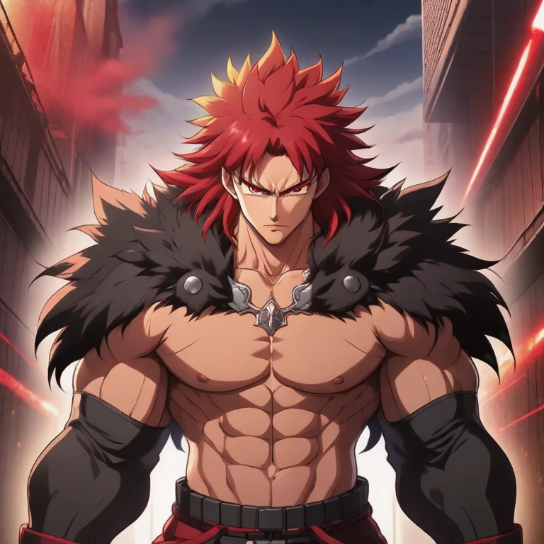 Muscular man, black skin, dark purple hair, black coat with high collar, crazy look, bloody background, "Intricate anime character design inspired by One Piece, stunning lighting, centered character, stunning face, creative details, ultra-fine 2D design, scenery bathed in creativity, boasting 2D anime resolution clarity, 4K anime quality, high-octane rendering"