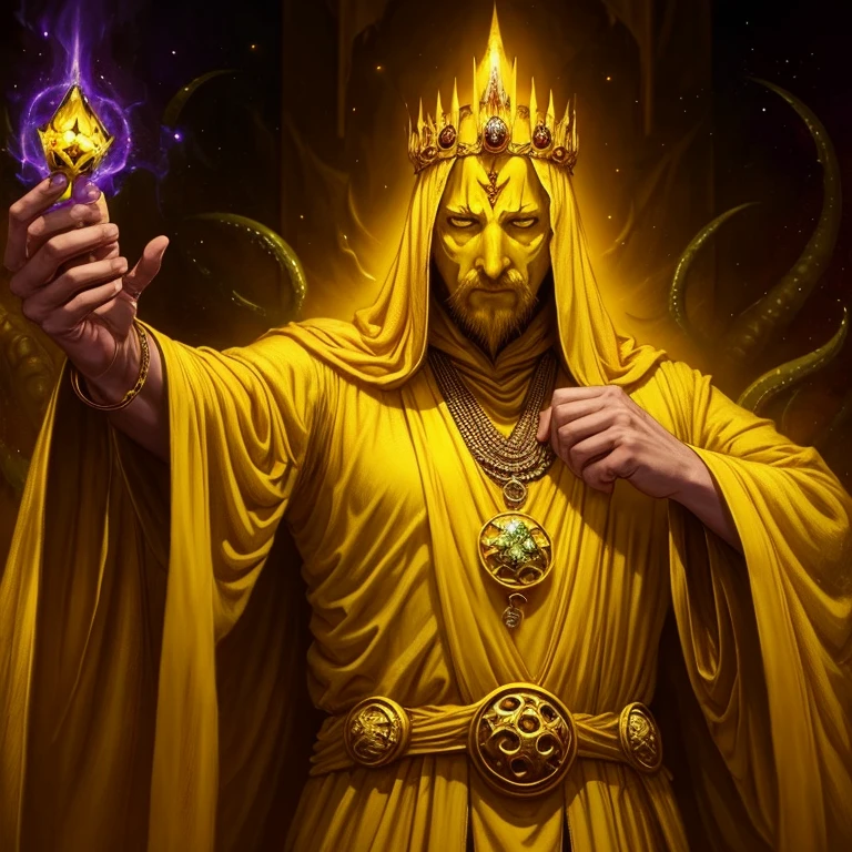 a painting of a woman dressed in a yellow robe and a crown, hastur the king in yellow, yellow-robed cultist, king in yellow, the god emperor of mankind, portrait of emperor of mankind,the king in yellow, A painting of hastur the king in yellow, yellow-robed, beautiful male ,king in yellow, hastur the king in yellow, , portrait of hastur the king in yellow, the king in yellow,honoring hastur the king in yellow artwork, portrait of the god hastur,hastur,galactic deity, concept art of hastur the king in yellow, peter mohrbacher style