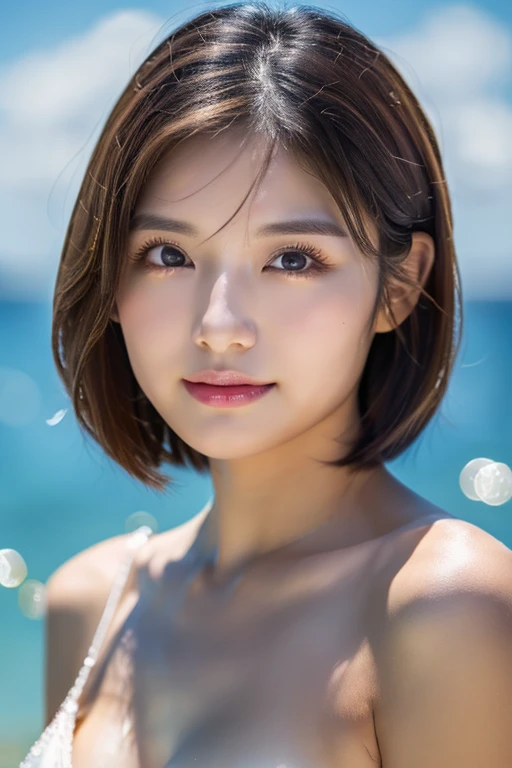 masterpiece、One beautiful girl、 (reality: 1.4), Japanese、Asian Beauty、Very beautiful、Beautiful Skin、thin、(whole body)、(超reality的な)、(High resolution)、(8k)、(Very detailed)、(Super detailed)、Big Eyes、Brown eyes、Long eyelashes、Detailed face、Gloss Lip,Bright lighting、Professional Writing、Looking at the camera、Serious expression、Look straight ahead、Long Hair、Brown Hair、Seascape、Nogizaka idol、actress、20 years old、Big Breasts、Big Breasts、Wet Skin、Silver latex suit、Chest cut-out、baby face、Moist and realistic skin texture、Moist lips、Natural Shadows、(Raise your arms),nsfw,smile、