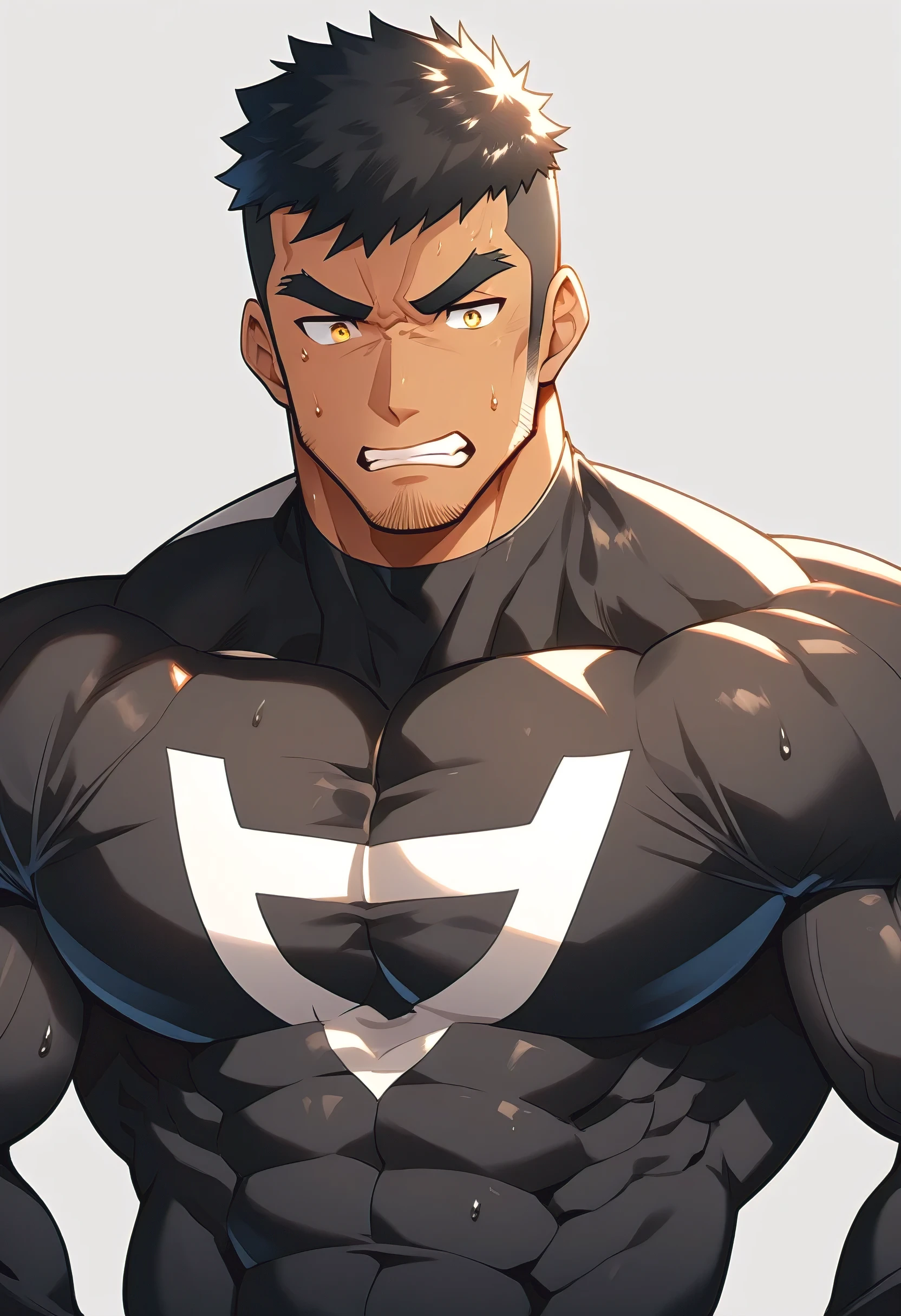 anime characters：Superhero in tights, negro black skin, He was entangled by a large number of thick black tentacles, Very stout, Lots of mucus, Wrap around the neck, Wrap around the waist, Tightly tied, Manliness, male focus, Yellow and black high collar long sleeve tight T-shirt, Slightly transparent material, Very tight, Round, full and perky chest muscles, Male dog waist, Slightly transparent, muscular male, muscular, only, Upper body, alone, Black short hair, Thick eyebrows, stubble, Yellow eyes, Grey background, simple background, amazing quality, best aesthetics, Ridiculous, bright pupils, crew cut, parted lips, blush, open mouth, scared, drop shadow, best quality