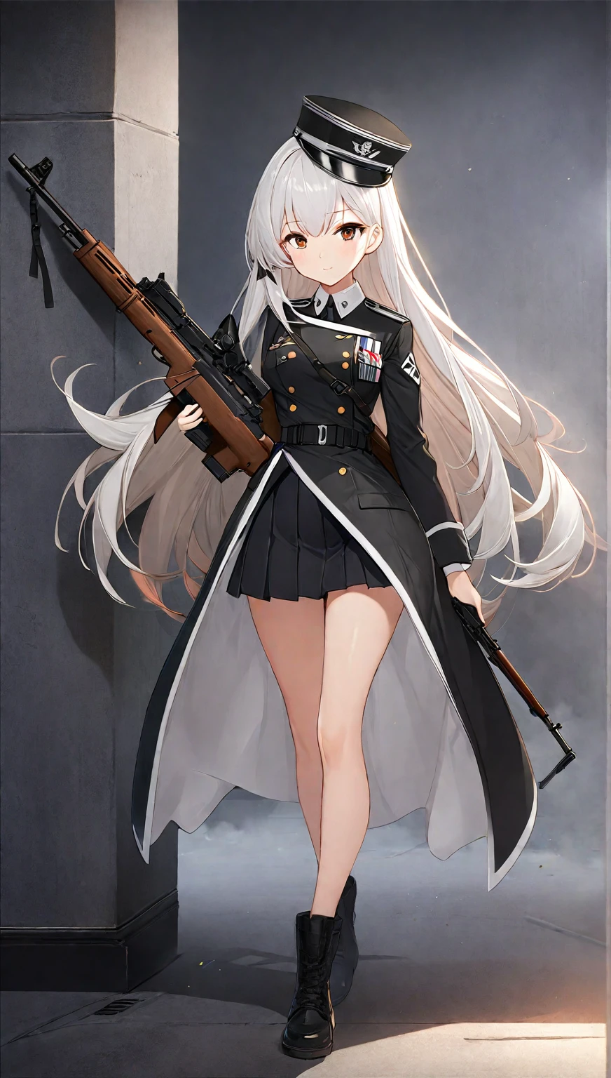 Anime girl in uniform holding rifle and gun, Girls Frontline style, from Girls Frontline, The finer details. Girls Frontline, Girls Frontline cg, Girls Frontline, Girls Frontline universe, Kantai Collection Style, m4 sopmod ii Girls Frontline, Azur Lane Style, anime maid nazi ss military, Soldier Girl, Infantry Girl, Perfect white hair girl