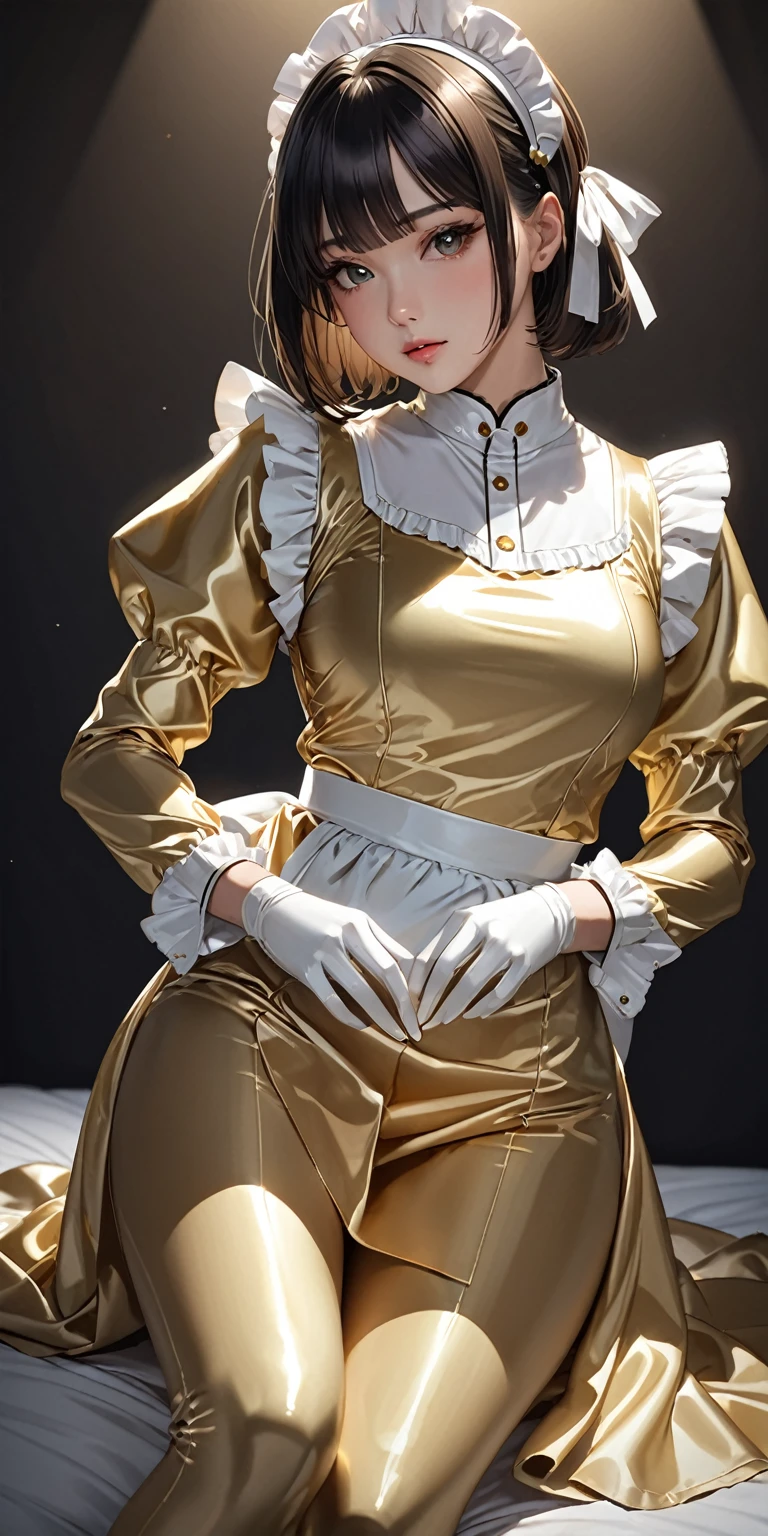 Portraiture、Extremely detailed CG,(masterpiece,Best Quality,Ultra-high resolution),Japanese women, Bob hair with bangs、(((Very beautiful girl)))、(((She wears a shiny, light gold satin long-sleeve maid outfit.)))、The dress has a simple design、The skirt is a long skirt with frills.Light gold satin gloves、((Light gold satin bodysuit))、Sitting on a bed in a dark room