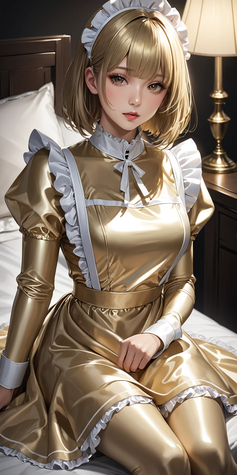 Portraiture、Extremely detailed CG,(masterpiece,Best Quality,Ultra-high resolution),Japanese women, Bob hair with bangs、(((Very beautiful girl)))、(((She wears a shiny, light gold satin long-sleeve maid outfit.)))、The dress has a simple design、The skirt is a long skirt with frills.Light gold satin gloves、((Light gold satin bodysuit))、Sitting on a bed in a dark room