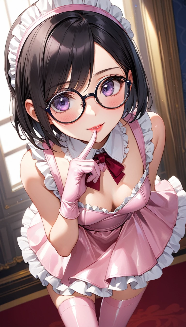 (1girl, Alone, alone), (WakatsukiRisa, Sarada uchiha, black hair, short hair, Black eyes, red glasses), ((Alone, (1woman, pink lipstick, Black eyes), extremely detailed , Soft ambient lighting, 4K, perfect eyes, a perfect face, Perfect Lighting, the 1 girl)), ((fitness, , shapely body, athletic body, toned body)) , ((maid uniform, black clothes, lifting the skirt, showing the panties, maid clothes, window in the background, blue sky, bushes, red curtain, shy, garter belt, cloulds, lace panties))