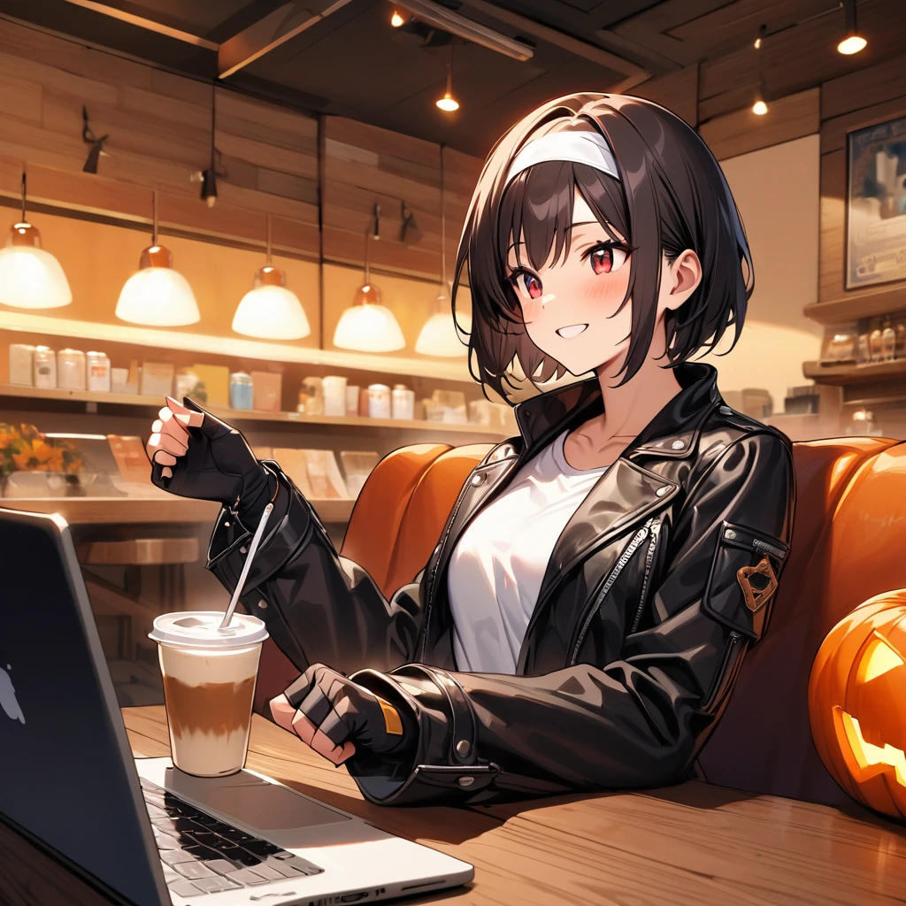 Girl, one, alone, medium chest, kind smile, short hair, black hair, beautiful red eyes, ((masterpiece)), (((top quality))), (((very detailed))), one girl, beautiful, black hair, happy, blushing kind smile, ((black leather jacket))), fingerless gloves, white t-shirt, ((white headband)), black pants, white shoes, brown belt, cozy fall cafe interior with warm lighting, pumpkin and spice latte, people reading books or working on laptops.
