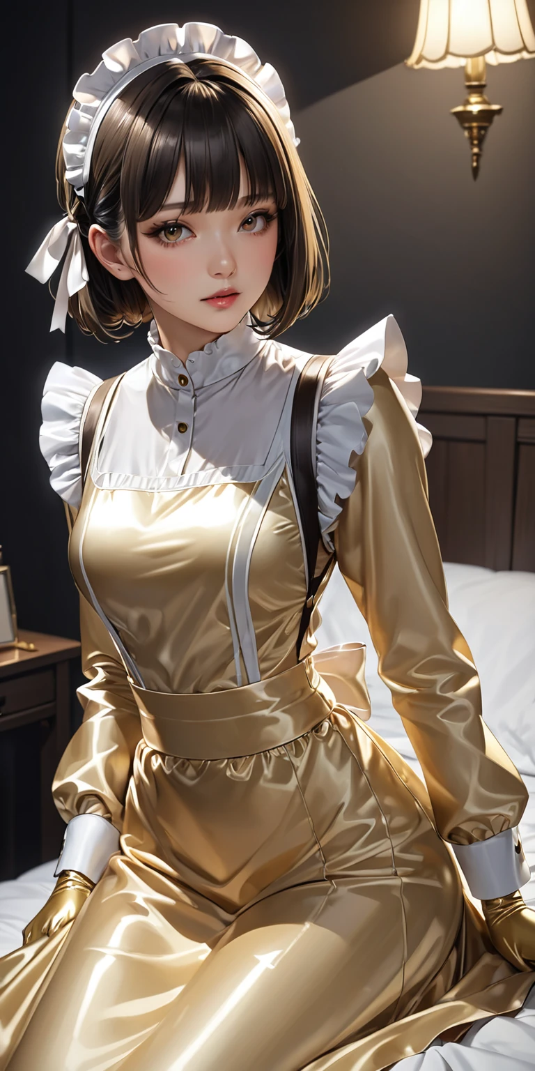 Portraiture、Extremely detailed CG,(masterpiece,Best Quality,Ultra-high resolution),Japanese women, Bob hair with bangs、(((Very beautiful girl)))、(((She wears a shiny, light gold satin long-sleeve maid outfit.)))、The dress has a simple design、The skirt is a long skirt with frills.Light gold satin gloves、((Light gold satin bodysuit))、Sitting on a bed in a dark room