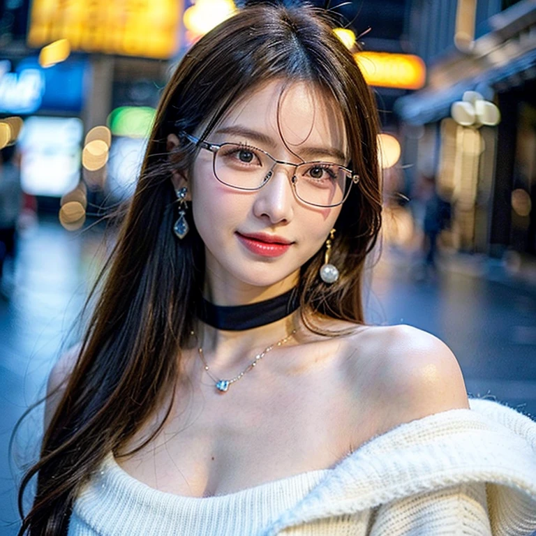 (Canon RF85mm f/1.2), (8K, original photo, best quality), (masterpiece), (Practical, photograph Practical), (Extremely detailed, High Detail, Best image quality, Very detailed, high resolution, Very detailed, Extremely detailed的描述, very good, Extremely exquisite and beautiful work), Beautiful and delicate girl, full body, ((Perfect body)), ((Cardigan,Wedding dress)),((skirt)) ((White pantyhose)), ((bud)),Very detailed eyes and face, White skin, Noble and beautiful, ((Delicate skin texture, Pores)), Perfect anatomical structure, Beautiful body, Delicate face, Slim abdominal muscles, Slim waist), Big Ass, (Large Breasts, Breast enlargement), (Soulful gaze, soulful eyes, Glowing eyes), (Beautiful clear eyes), (Bounce Curly Messy Long Hair), (Smile:1.2), (Fascinated expression), (Beautiful appearance), ((wear glasses)), earrings, necklace, ((night)), ((Street View, moonlight)), Physically Based Rendering, Realistic lighting, ((Looking at the audience)), ((Everlasting)), ((Happy and shy))