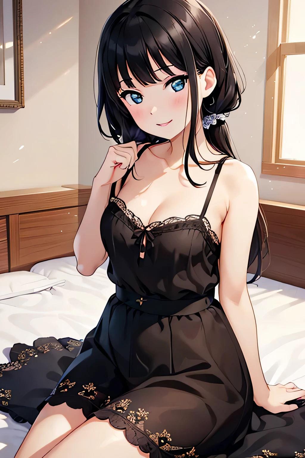 ((girl))、Shiny black hair,  (beautiful purple eyes、Shining eyes fine grain)、smile、超fine grain、Highly detailed face, Very fine grain,Cowboy Shot、girl, like, Midnight,

((Best Quality, 8k, masterpiece: 1.3)), 
Beauty, Hide your face, girl1 person, beautiful: 1.3, 
 camisole, short , (Sitting on the bed), 
 Highly detailed face, High definition lips, fine grain, double eyelid, wet, Sheer, 