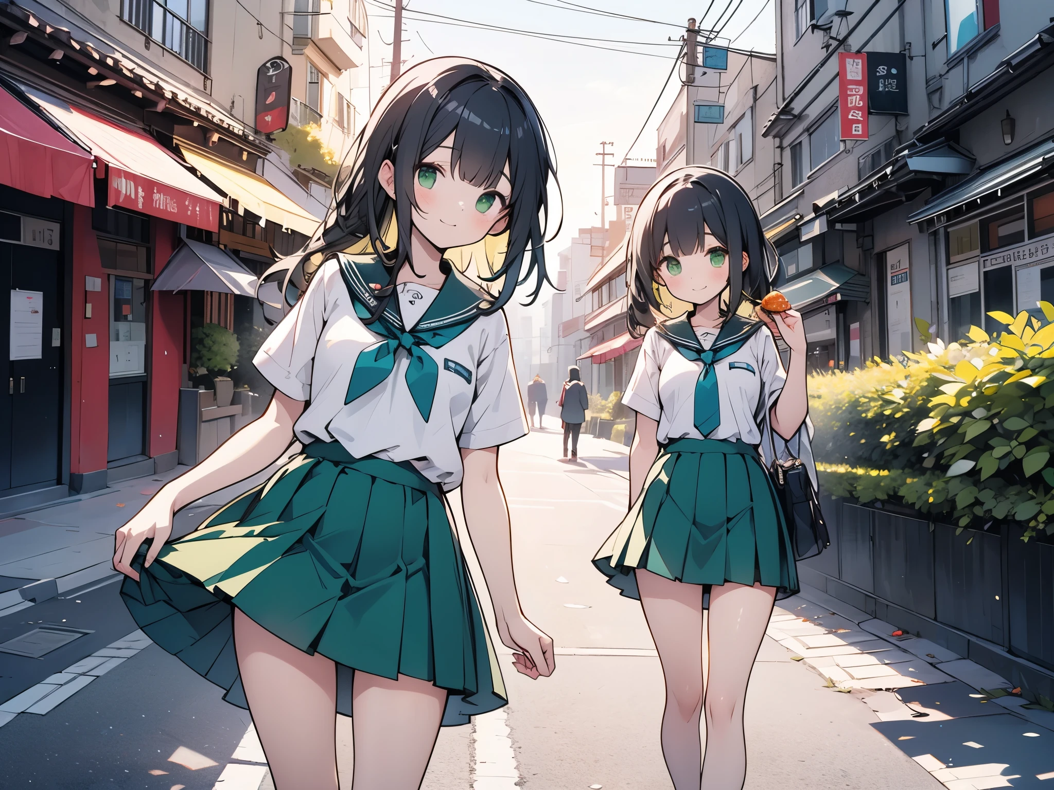 ((Best Quality, 8k, masterpiece: 1.3)),Human Girl,((Petite,Glamorous Body,Curvy)),cute,A smiling face as she munches on sweet potato with relish,((Long black hair)),Beautiful emerald green eyes,Holding a sweet potato in both hands while walking,Short sleeve blouse,Green tie,Green mini skirt,Scenery of the school route home from school in Japan,Bust Shot,