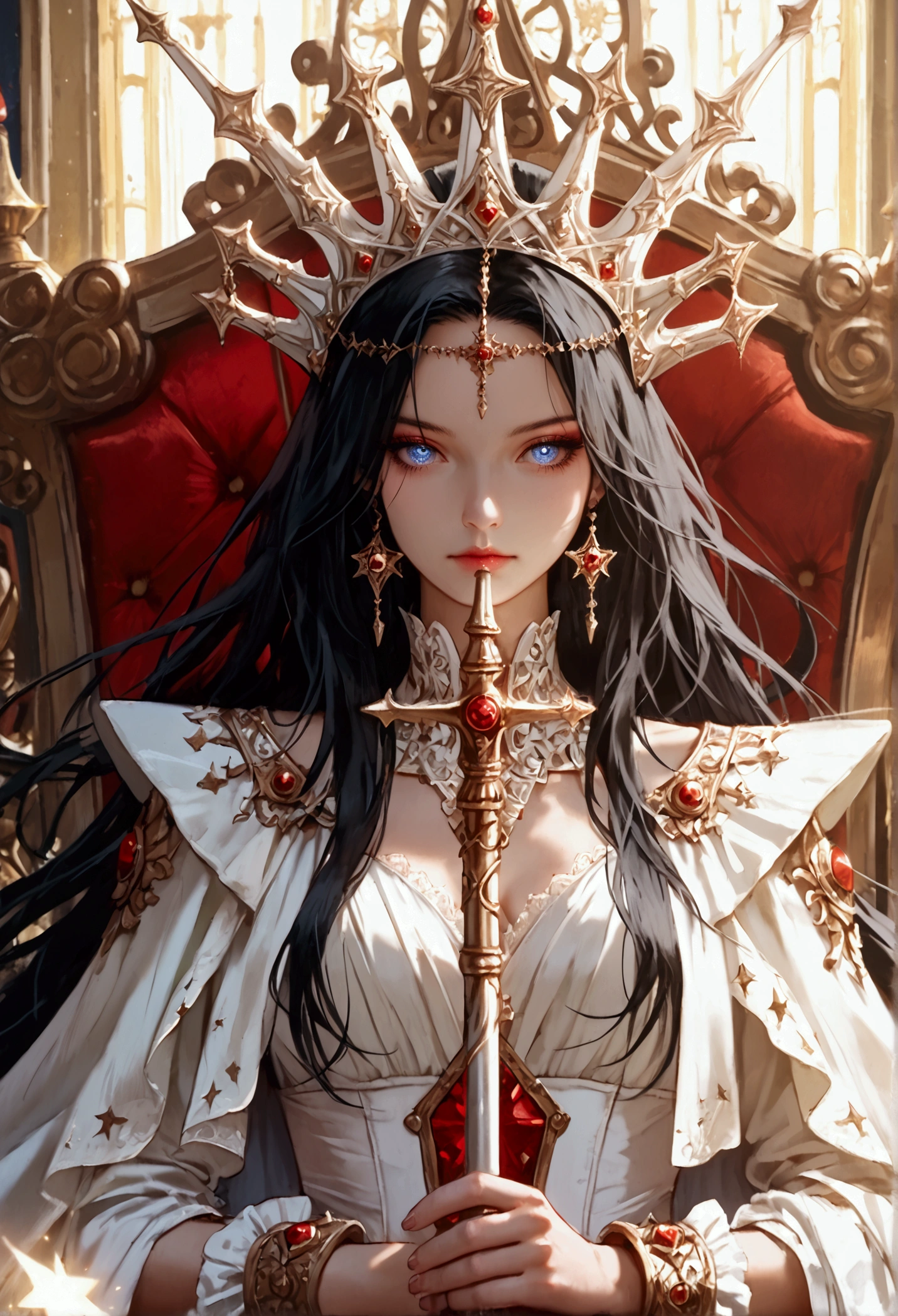 a picture of an empress  wearing white dress (intricate details, Masterpiece, best quality: 1.5), holding a scepter (intricate details, Masterpiece, best quality: 1.5), wearing a crown with 12 stars (intricate details, Masterpiece, best quality: 1.5), sitting on a throne (intricate details, Masterpiece, best quality: 1.5), black hair, long hair, flowing hair, intense eyes,  dynamic light, from the front, high details, best quality, 16k, ((ultra detailed)), masterpiece, best quality, (extremely detailed), ultra wide shot, photorealistic,  ((12 stars in the background)), best quality, highres, ultra wide angle, fflix_ufantasy