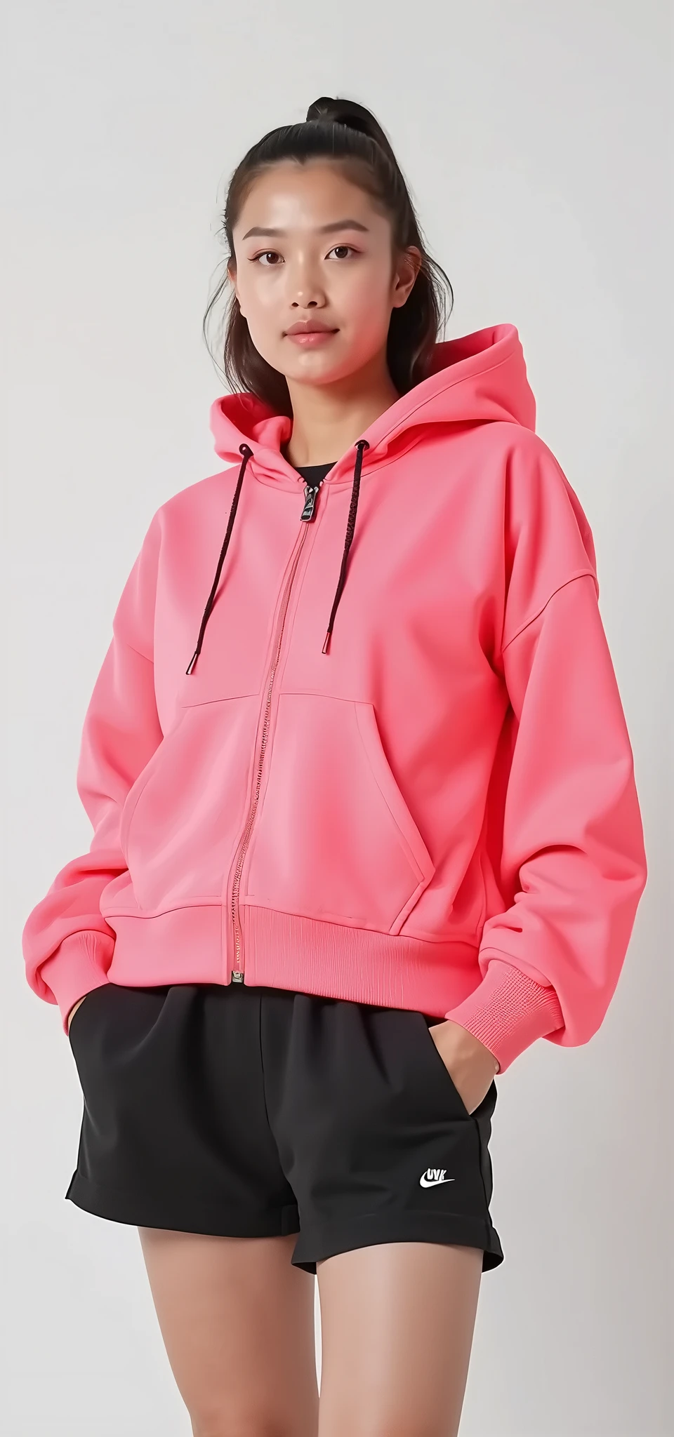Make a short jacket-type suit with a hood and a skirt with slits on the sides with sports fabric that is comfortable but elegant at the same time in coral pink, a sporty and modern look