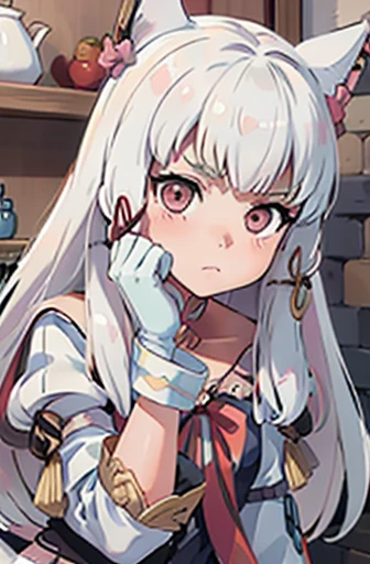 (masterpiece, ultra-detailed, high resolution, best quality:1.2), (Lysithea:1.2), (Detailed face, Beautiful Face), 1girl, long hair, white hair, cowboy shot, solo, frown, striped pantyhose, gloves, animal hands, cat paws, cat ears, cat tail, tail bow, hairclip