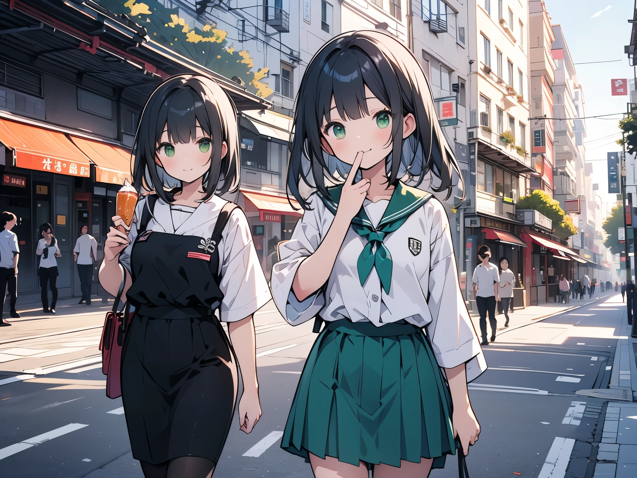 ((Best Quality, 8k, masterpiece: 1.3)),people間の女の子,１people,１peopleで,((Petite,Glamorous Body,Curvy)),cute,A smiling face as she munches on sweet potato with relish,((Long black hair)),Beautiful emerald green eyes,Holding a sweet potato in both hands while walking,Short sleeve blouse,Green tie,Green mini skirt,Scenery of the school route home from school in Japan,Bust Shot,