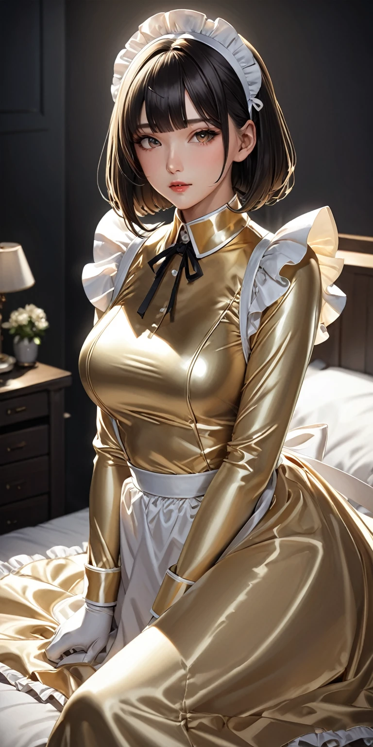 Portraiture、Extremely detailed CG,(masterpiece,Best Quality,Ultra-high resolution),Japanese women, Bob hair with bangs、(((Very beautiful girl)))、(((She wears a shiny, light gold satin long-sleeve maid outfit.)))、The dress has a simple design、The skirt is a long skirt with frills.Light gold satin gloves、((Light gold satin bodysuit))、Sitting on a bed in a dark room