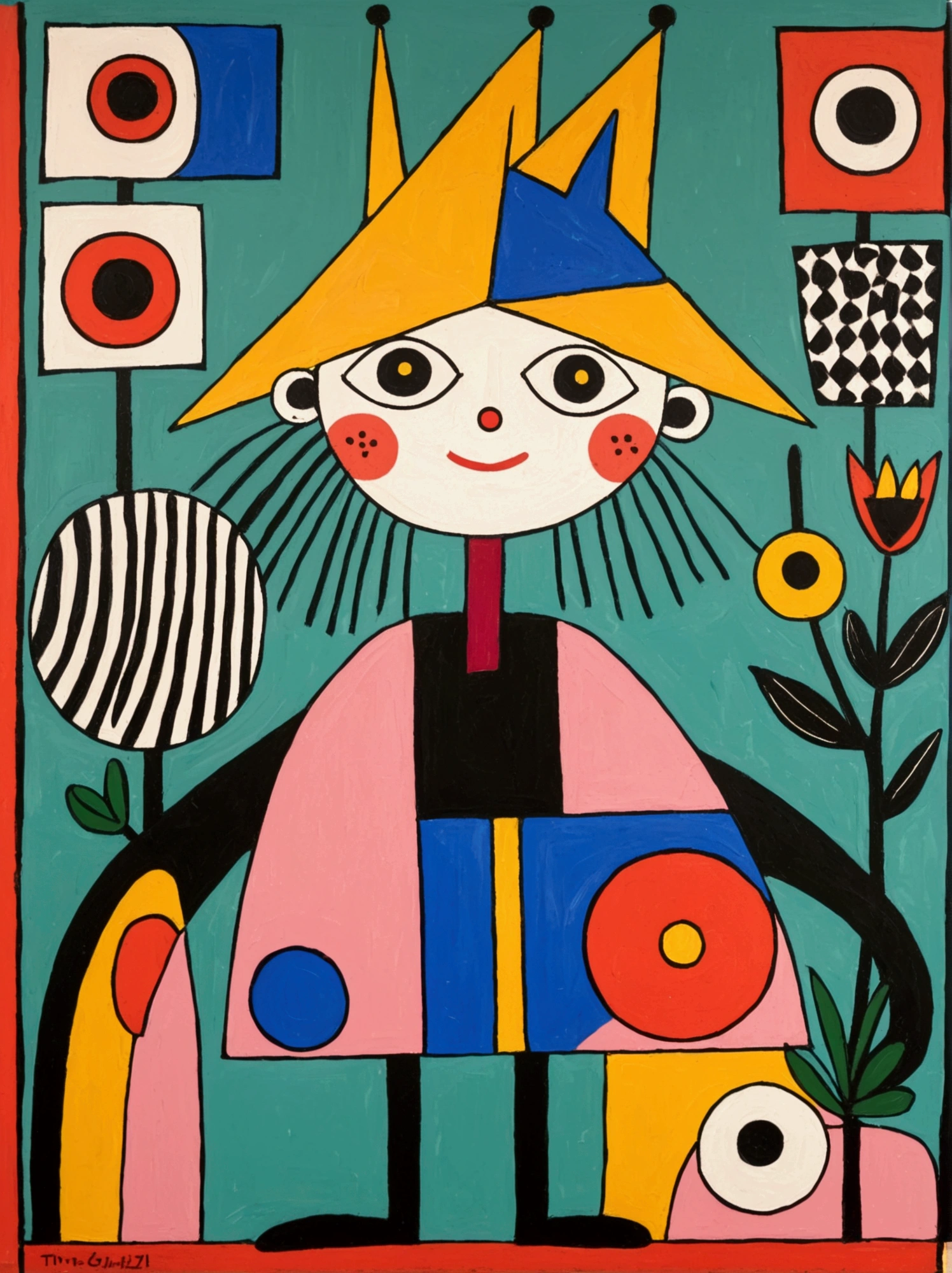 in the style of Thierry Noir（artist）， a painting with a funny looking cat with a hat holding a red bird , in the style of de stijl, playful cartoons, monumental figures, vivid birdlife, maquette, fine lines, childlike innocence
