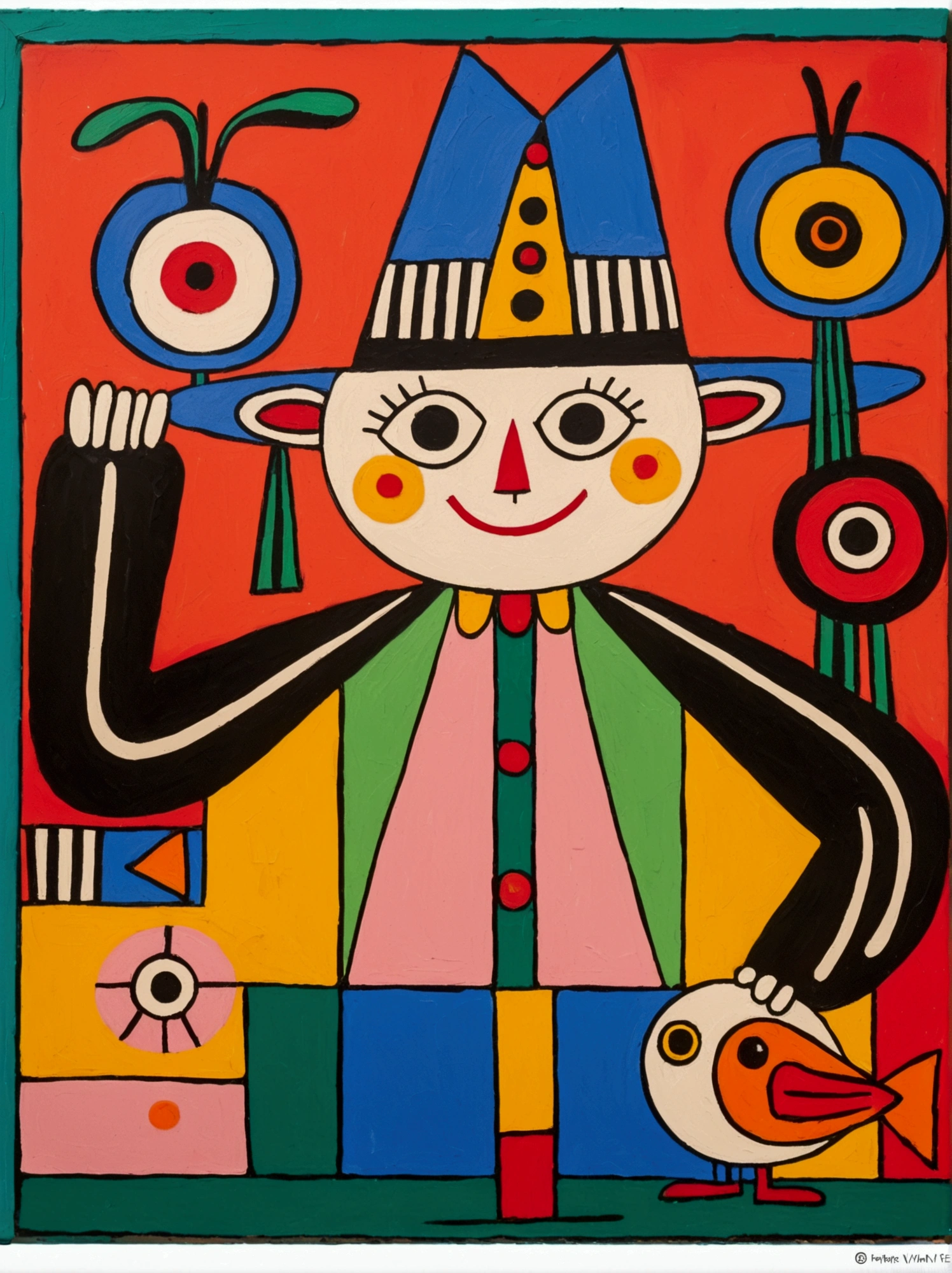 in the style of Thierry Noir（artist）， a painting with a funny looking cat with a hat holding a red bird , in the style of de stijl, playful cartoons, monumental figures, vivid birdlife, maquette, fine lines, childlike innocence
