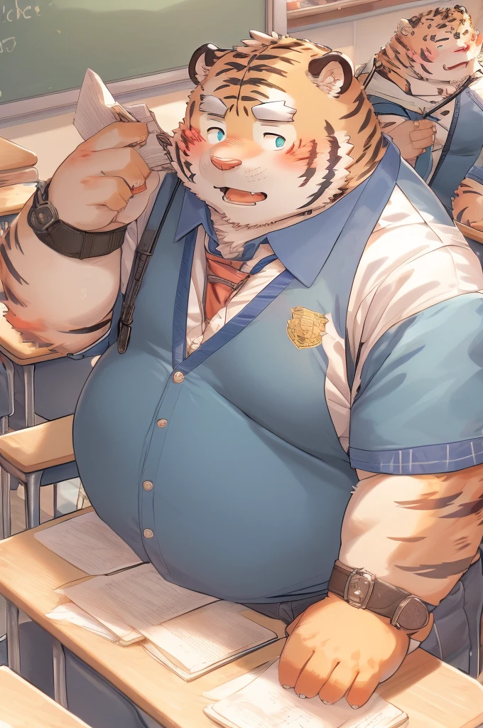 （（overweight））（Fat tiger beastman)(School Teacher、Blue Shirt)(blackboard)(Stripped naked)Shy，blush，Classes are being held in the classroom。
