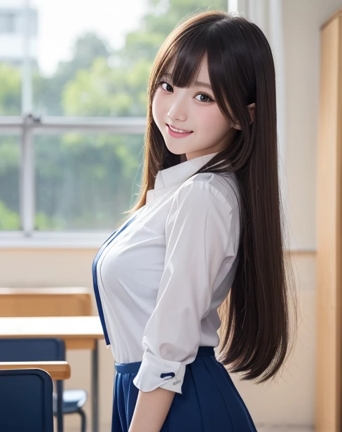 Japanese girl, long hair, miniskirt, big breasts, looking at me, lifting her skirt and smiling sappily,
