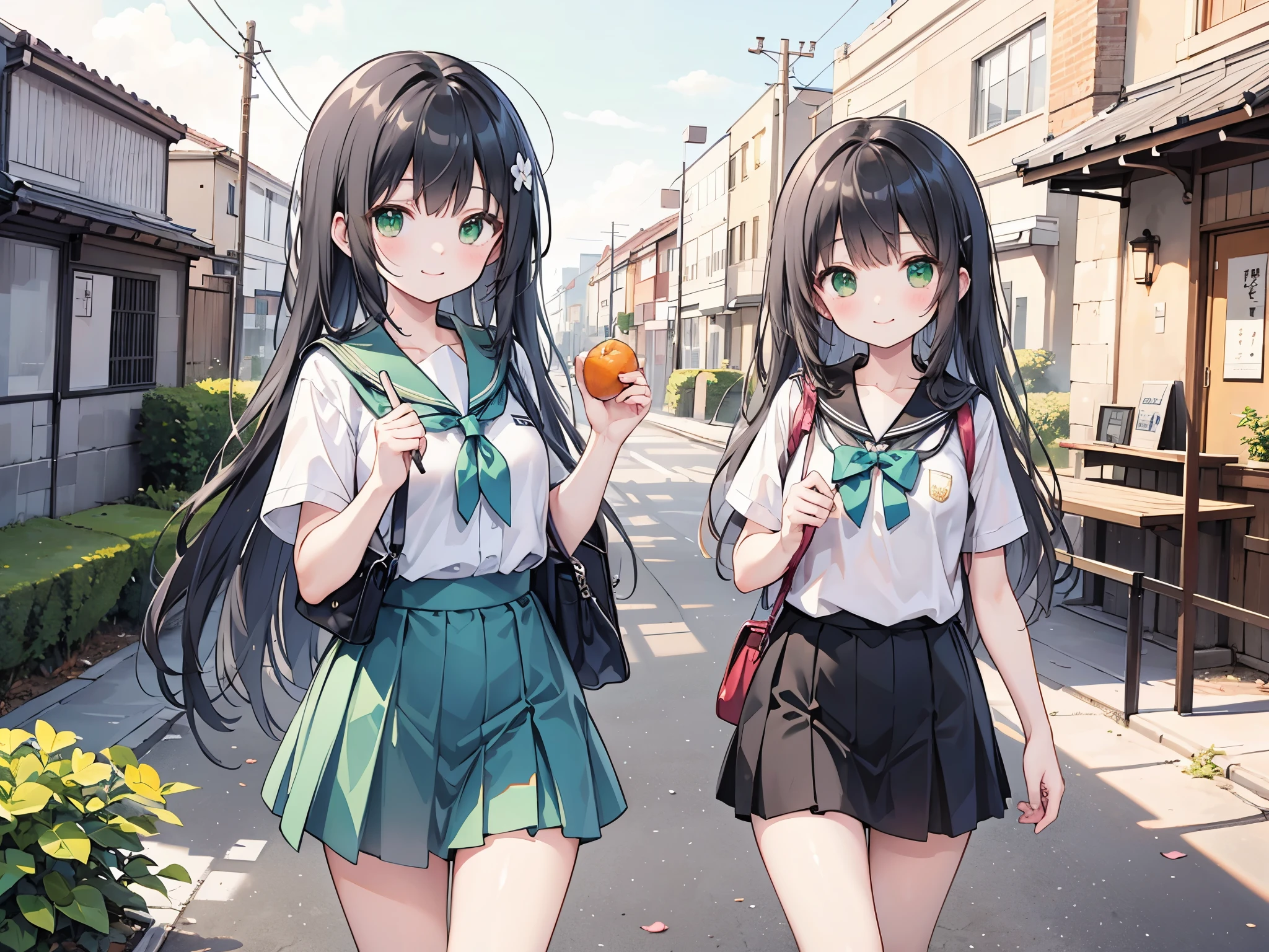 ((Best Quality, 8k, masterpiece: 1.3)),people間の女の子,１people,１peopleで,((Petite,Glamorous Body,Curvy)),cute,A smiling face as she munches on sweet potato with relish,((Long black hair)),Beautiful emerald green eyes,Holding a sweet potato in both hands while walking,Short sleeve blouse,Green tie,Green mini skirt,Scenery of the school route home from school in Japan,Bust Shot,