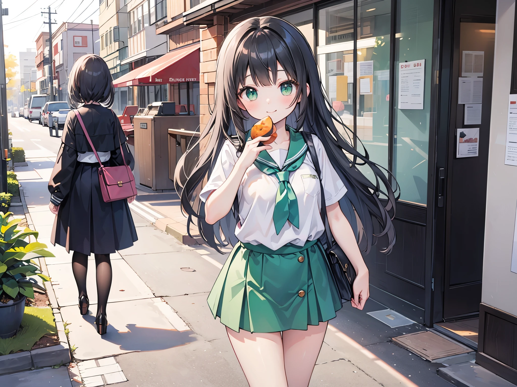 ((Best Quality, 8k, masterpiece: 1.3)),people間の女の子,１people,１peopleで,((Petite,Glamorous Body,Curvy)),cute,A smiling face as she munches on sweet potato with relish,((Long black hair)),Beautiful emerald green eyes,(((Holding a large half-eaten sweet potato in both hands while walking))),Short sleeve blouse,Green tie,Green mini skirt,Scenery of the school route home from school in Japan,Bust Shot,