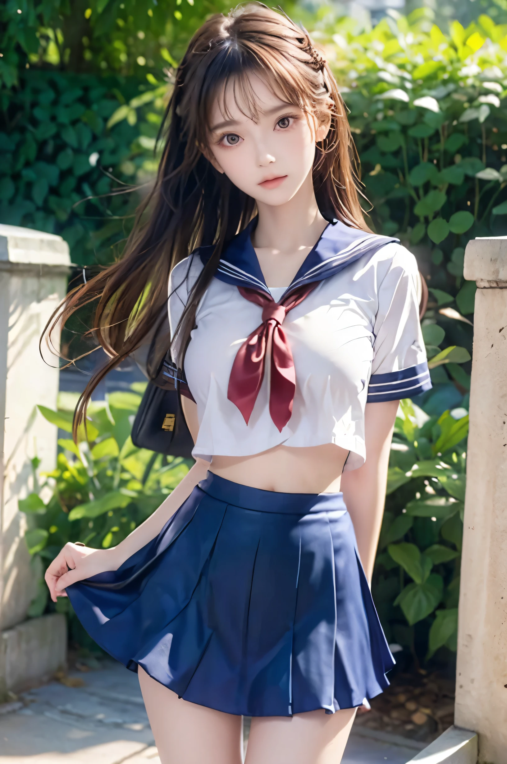 (masterpiece, highest quality:1.2), 8k, official art, RAW photo, incredibly absurd, ( sailor suit, serafuku:1.4), amazing beautiful girl, amazingly cute face, (navy pleated skirt:1.1), close, school uniform, short sleeve, gardenia, violaces, , street, looking at the viewer with a smile, no makeup, film grain, chromatic aberration, sharp focus, face light, dynamic lighting, cinematic lighting, detailed eyes and face,short hair、(((white skin without moles)))、 background bokeh、super slim thighs、((Erotic Panties are showing through、beautiful pussy line))、(High twin tails with ribbons:1.4),,((((A very young looking girl:1.3))))、(very young with big breasts:1.2)
