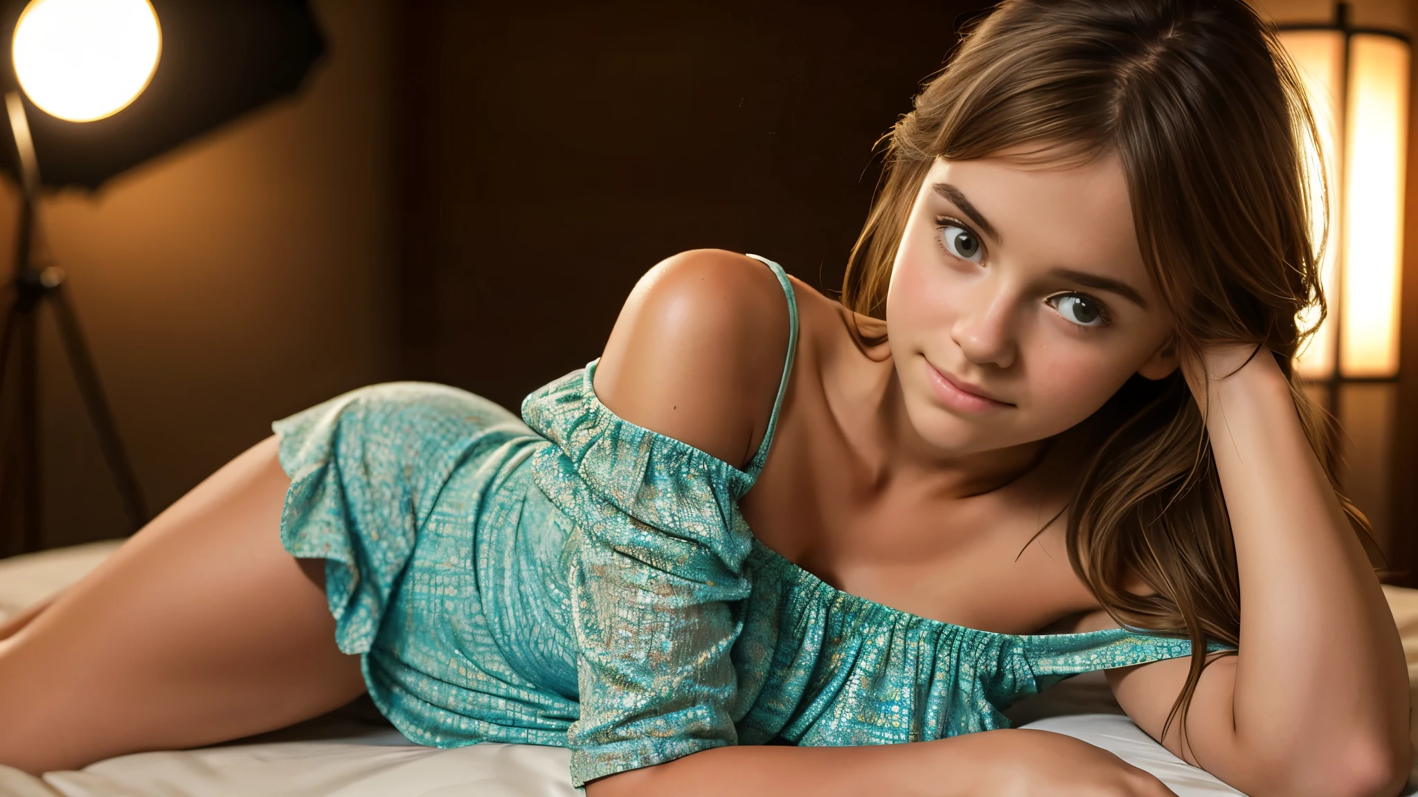 realistic photo, dramatic light, freckles, reddened nose, sleepy, short thin nightgown, flat chest, , sitting, nipslip, (no panties:1.1), (meaningful face expression:1.1), vivid colors