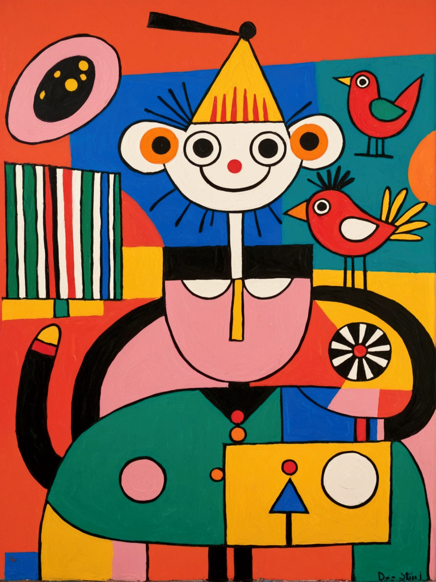 in the style of Thierry Noir（artist）， a painting with a funny looking cat with a hat holding a red bird , in the style of de stijl, playful cartoons, monumental figures, vivid birdlife, maquette, fine lines, childlike innocence
