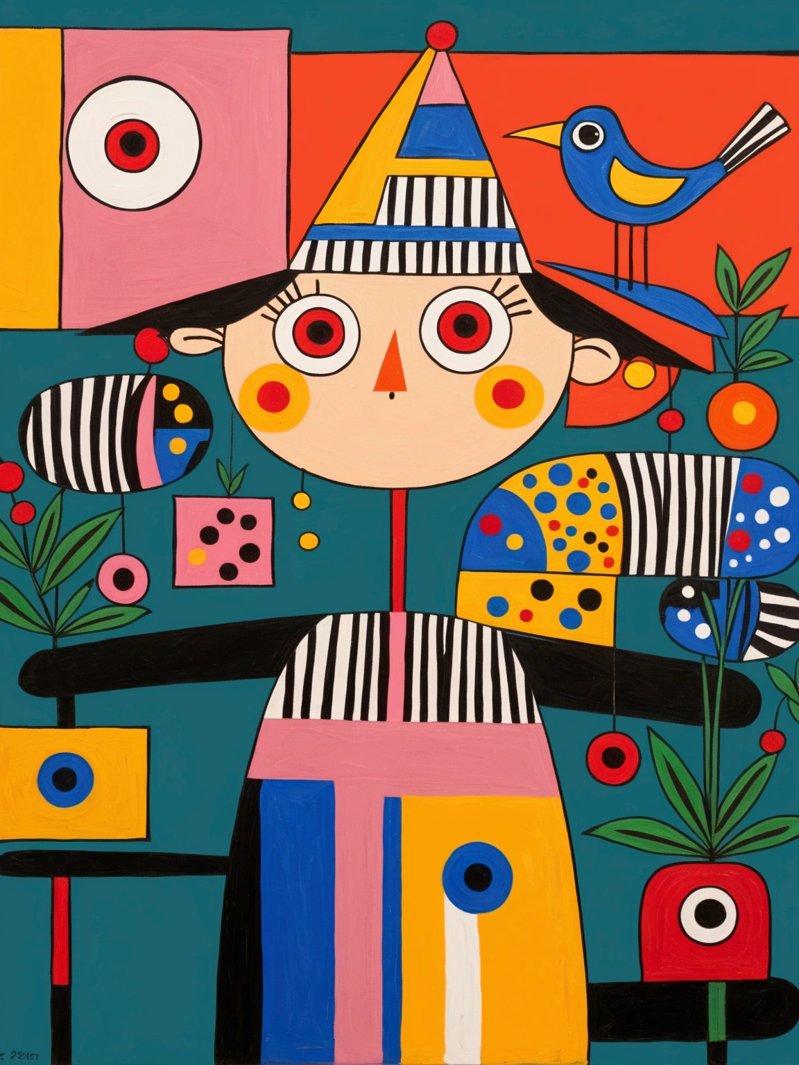 in the style of Thierry Noir（artist）， a painting with a funny looking cat with a hat holding a red bird , in the style of de stijl, playful cartoons, monumental figures, vivid birdlife, maquette, fine lines, childlike innocence
