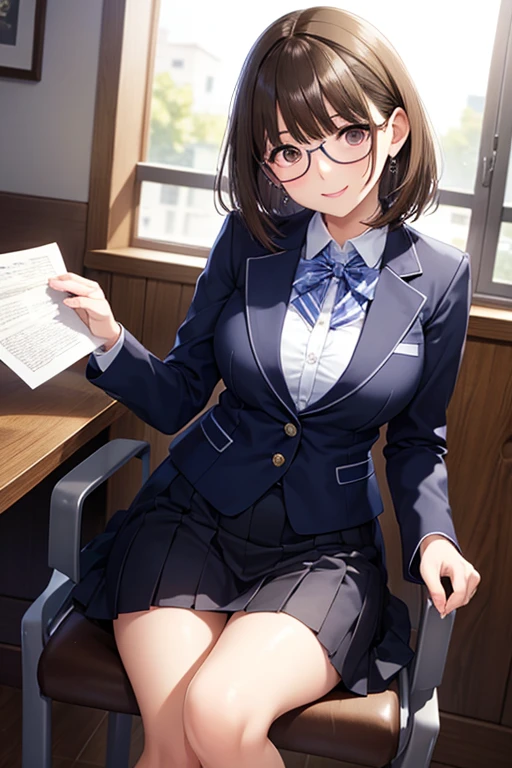 score_9, score_8, score_7, sauce_anime,
evaluation_general, anime, Official Art,
kanamori, Wear glasses on your head, Seraph Freckles, Pleated skirt, blazer, Blue Skirt, Sit on a chair,mini skirt,Spread your legs,Thighs,Bare legs,I can see your pants,One girl, alone, indoor,