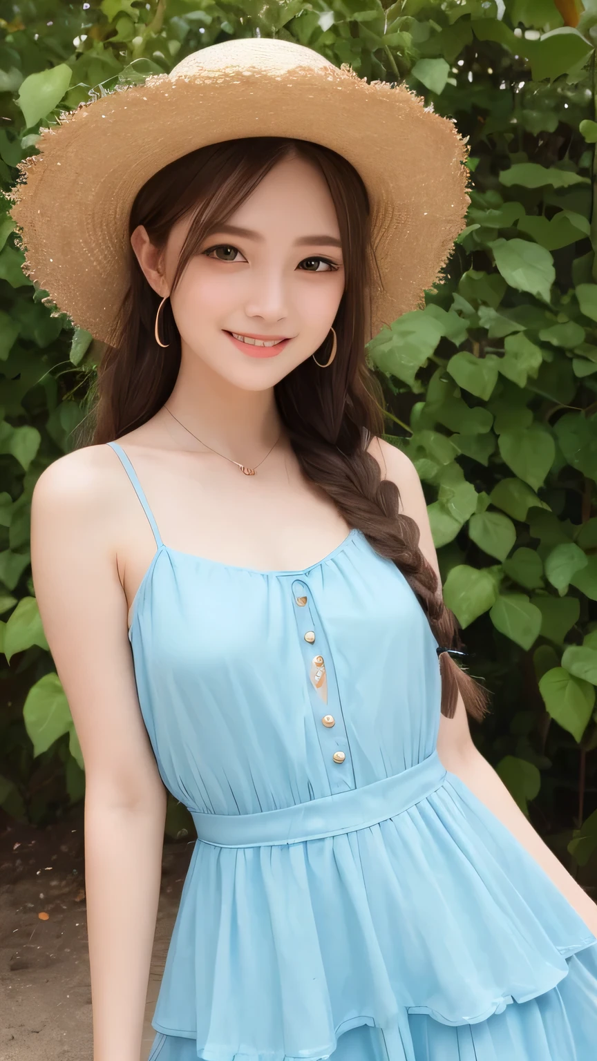 (Beautiful girl wearing a big straw hat and a blue light dress), artwork in the style of Gwaiz, Beautiful girl full body, Gwaiz, Beautiful style, Turquoise haired girl, Short Hair, Baby Face:1.5, A little naughty style, (Highest quality, 8K, masterpiece:1.2, RAW Photos), (In the art style of Bouwater), (Detailed eyes and face:1.2, Professional photography techniques, Cinema Lighting), Gaze at the viewer, blush, (Cute pose:1.2), Perfect hands, Detailed hands, Beautiful little hands of a girl