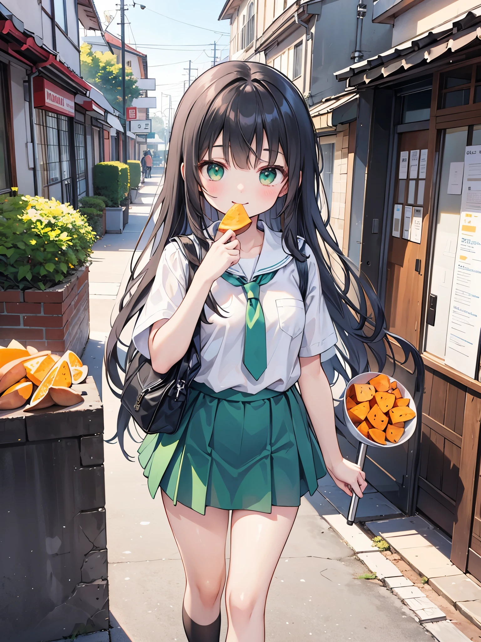 ((Best Quality, 8k, masterpiece: 1.3)),people間の女の子,１people,１peopleで,((Petite,Glamorous Body,Curvy)),cute,A smiling face as she munches on sweet potato with relish,((Long black hair)),Beautiful emerald green eyes,(((Holding a large half-eaten sweet potato in both hands while walking))),Short sleeve blouse,Green tie,Green mini skirt,Scenery of the school route home from school in Japan,(((Bust Shot))),