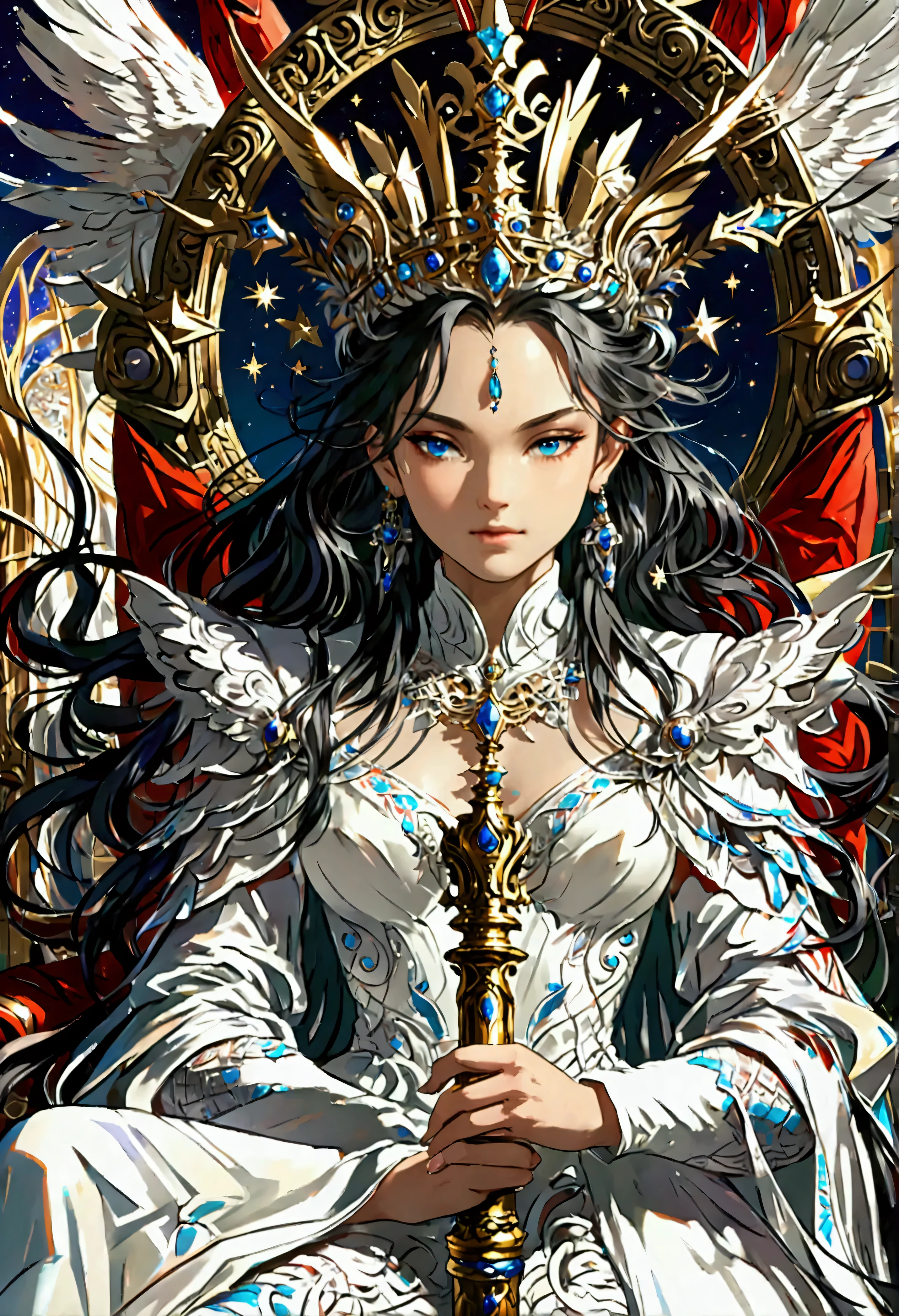 a picture of an empress  wearing white dress (intricate details, Masterpiece, best quality: 1.5), holding a scepter (intricate details, Masterpiece, best quality: 1.5), wearing a crown with 12 stars (intricate details, Masterpiece, best quality: 1.5), sitting on a throne (intricate details, Masterpiece, best quality: 1.5), black hair, long hair, flowing hair, intense eyes,  dynamic light, from the front, high details, best quality, 16k, ((ultra detailed)), masterpiece, best quality, (extremely detailed), ultra wide shot, photorealistic,  ((12 stars in the background)), best quality, highres, ultra wide angle, fflix_ufantasy