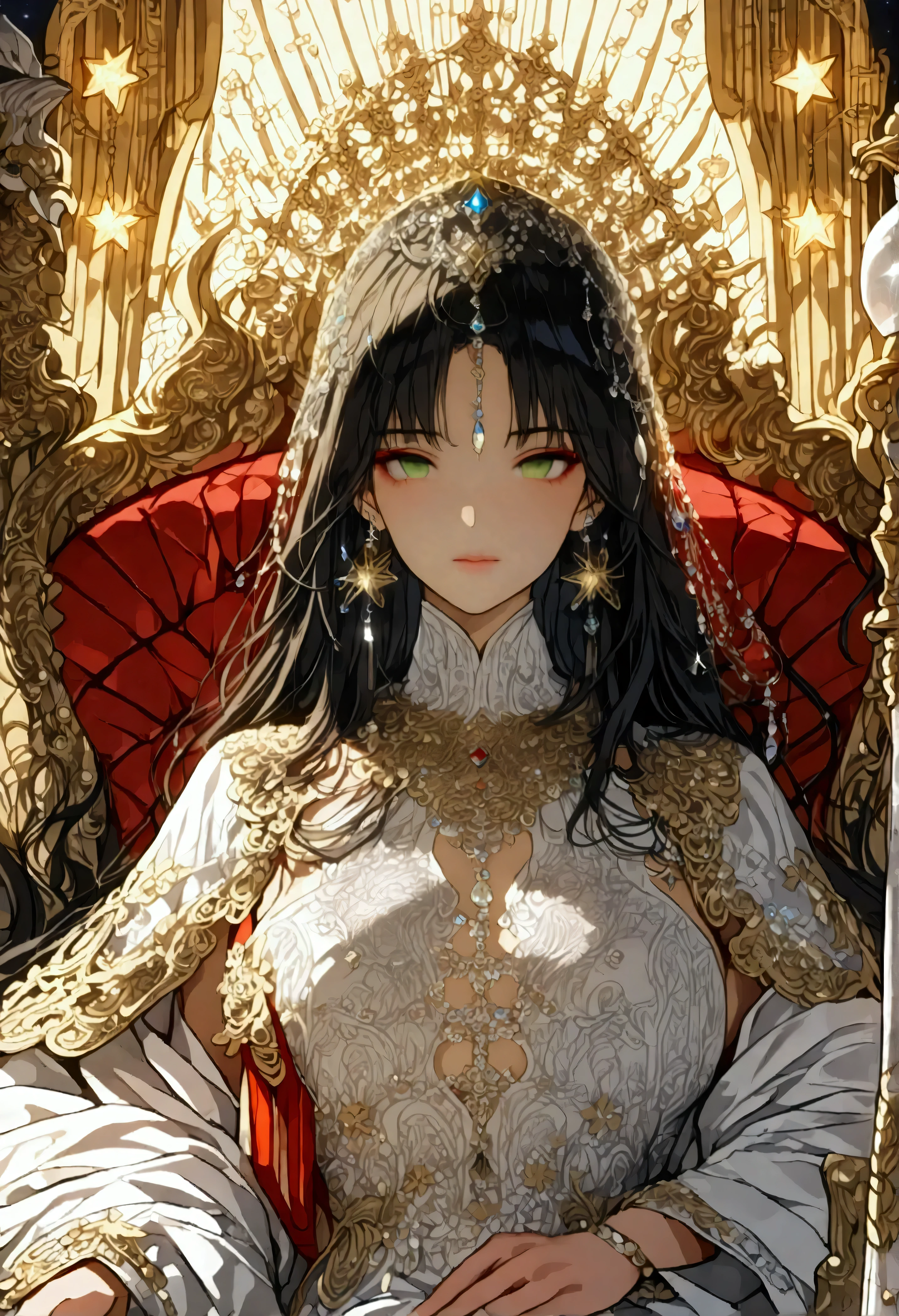 a picture of an empress  wearing white dress (intricate details, Masterpiece, best quality: 1.5), holding a scepter (intricate details, Masterpiece, best quality: 1.5), wearing a crown with 12 stars (intricate details, Masterpiece, best quality: 1.5), sitting on a throne (intricate details, Masterpiece, best quality: 1.5), black hair, long hair, flowing hair, intense eyes,  dynamic light, from the front, high details, best quality, 16k, ((ultra detailed)), masterpiece, best quality, (extremely detailed), ultra wide shot, photorealistic,  ((12 stars in the background)), best quality, highres, ultra wide angle, fflix_ufantasy