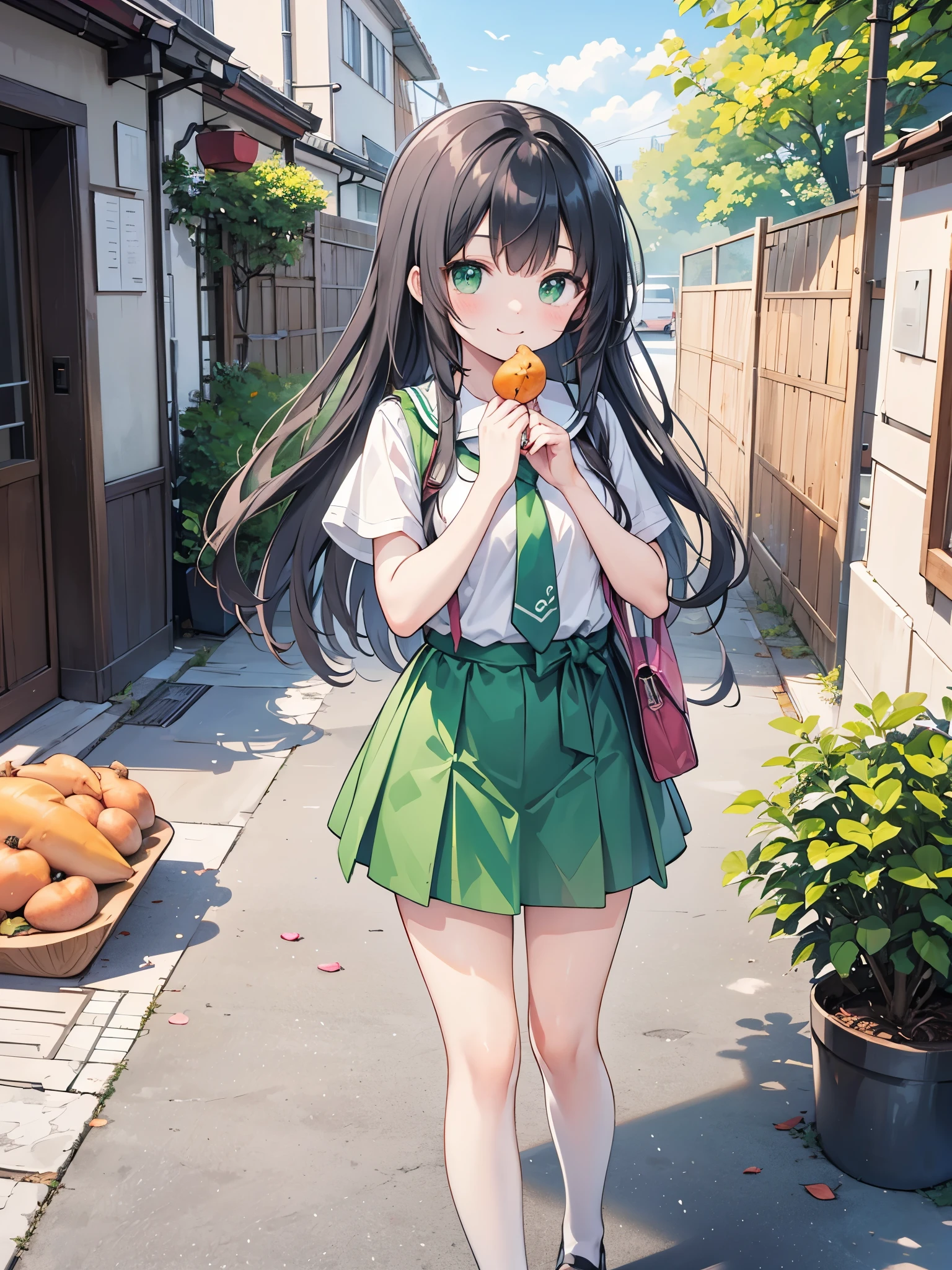 ((Best Quality, 8k, masterpiece: 1.3)),people間の女の子,１people,１peopleで,((Petite,Glamorous Body,Curvy)),cute,A smiling face as she munches on sweet potato with relish,((Long black hair)),Beautiful emerald green eyes,(((Holding a large half-eaten sweet potato in both hands while walking))),Short sleeve blouse,Green tie,Green mini skirt,Scenery of the school route home from school in Japan,(((Bust Shot))),
