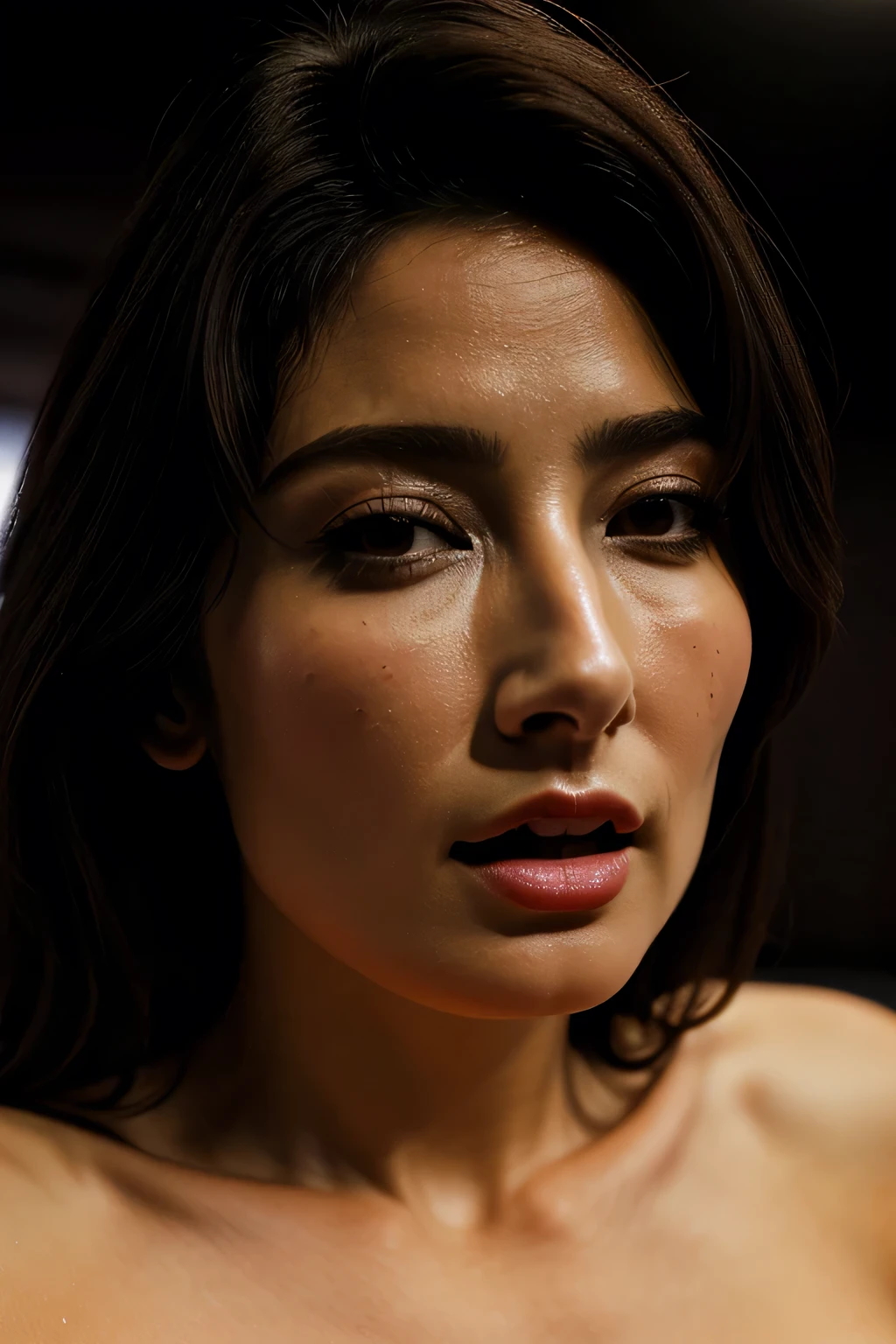 Image of a woman,、Face close-up、Smooth Skin、masterpiece、Best Quality、8K Photo、((Close your eyes and open your mouth slightly))、Close your eyes、Suffering expression、(Wrinkles around the eyes:1.2),woman, 20 years old、Young Actress Theatre、dimly lit movie theatre seats、Dark lecture hall((Glowing skin with realistic details毛穴))((A high-floor hotel room with a great night view)),((Very intense orgasm,Frowning,Glowing skin with realistic details))((ahegao,Sticking out a long tongue))((A string of drool dripping from the top of the tongue,The look of a hungry beast,Estrus season,))Tamsin Egerton,((Face close-up))