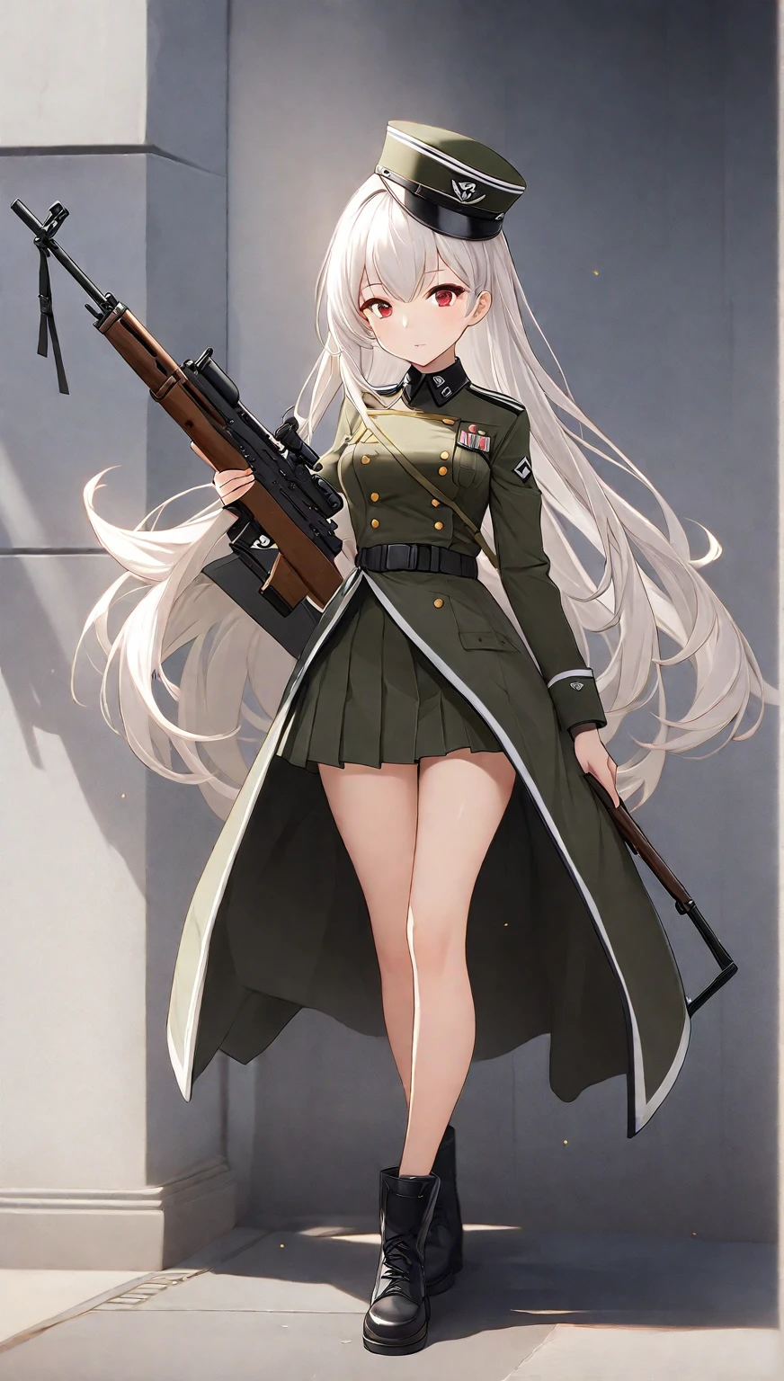 Anime girl in uniform holding rifle and gun, Girls Frontline style, from Girls Frontline, The finer details. Girls Frontline, Girls Frontline cg, Girls Frontline, Girls Frontline universe, Kantai Collection Style, m4 sopmod ii Girls Frontline, Azur Lane Style, anime maid nazi ss military, Soldier Girl, Infantry Girl, Perfect white hair girl、(((Ultra-high resolution、Ultra high definition、Highest Settings、８k、)))、Skirt fluttering in the wind、