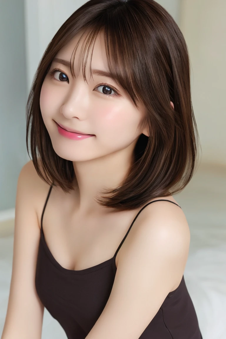 (8k highest quality)、（beautiful）、Precision Eyes、Fine skin、stylish、Brown eyes、Brown Hair、Looking at the camera、Medium Hair、smile、camisole、Leaning forward