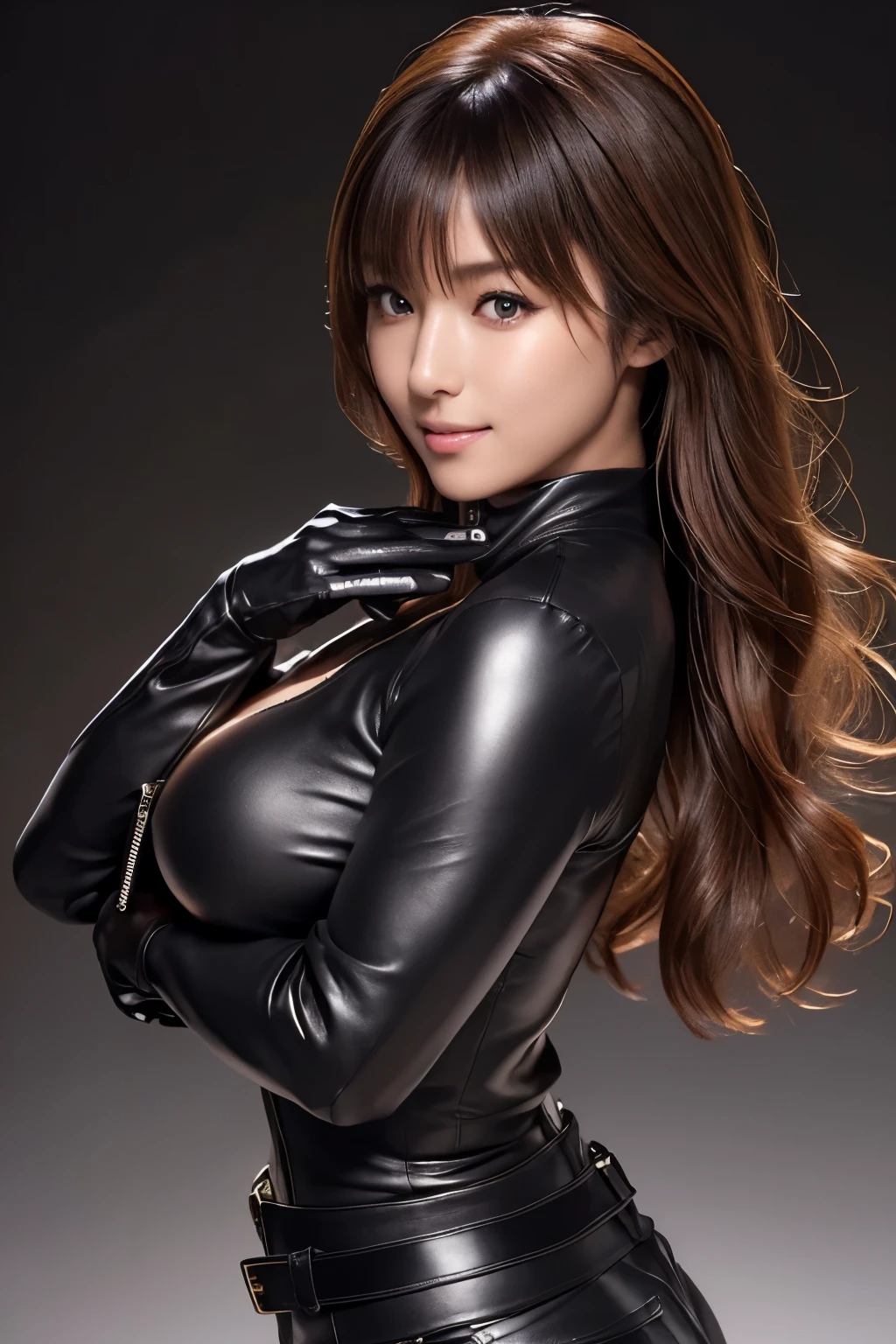 (Realism:1.4),Japanese female new recruits (G cup breasts)(slender body shape)(Black leather gloves cover both hands) ,Intricate details,Anatomical basis,Depicted in detail,A detailed face,Realistic skin texture,Vivid details,Perfect Anatomy,Perfect Anatomy,Anatomically correct hand,Anatomically correct fingers,Japanese Beauty star,pose(standing),Simple background,she is look at me smile open,A body that makes you want to touch it,foxy make up,The most beautiful stars,she is Wearing (((long sleeve skintight leather 1pc clothes))(black leather)(((close the zipper tightly)))) and ((one waist belt)(Black leather)(metal buckle)) and ((Skinny long pants(Black leather))) and ((((gloves)))(black leather)),intelligent and beautiful star model,(chin is thin),Costume made of thick leather fabric,long wavy hair,Swept bangs,from side view, under huge breasts,Detailed eyes,3/4 shot photo,