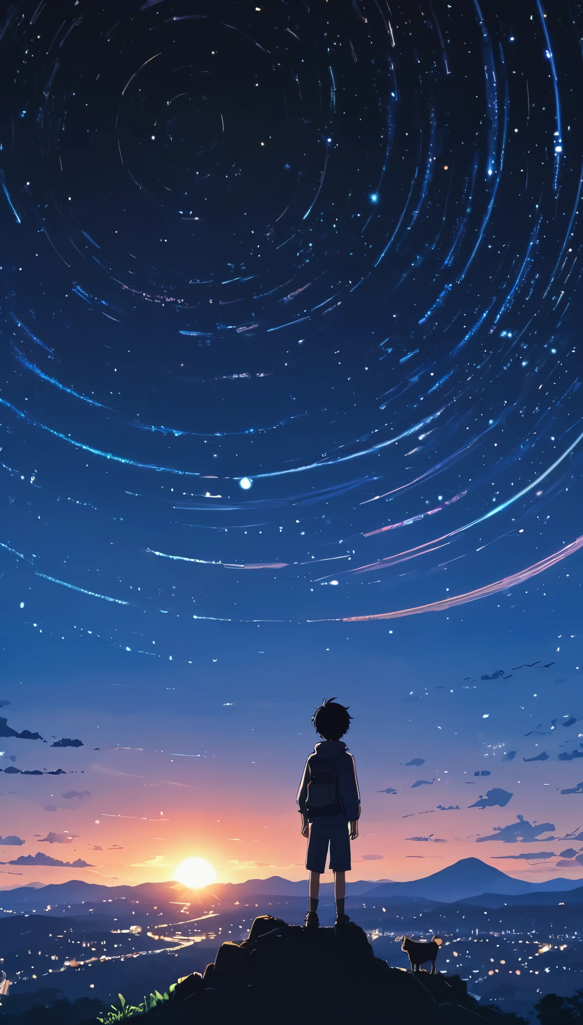 Draw a simple art in Tintinpixai style, a  boy long exposure starry sky with many circular orbits, focus at stars,silhouette Anime beautiful peace scene,  sun sunset nostalgic animated animated art background, Makoto Shinkai!!, anime movie background best of seaart hd 8k