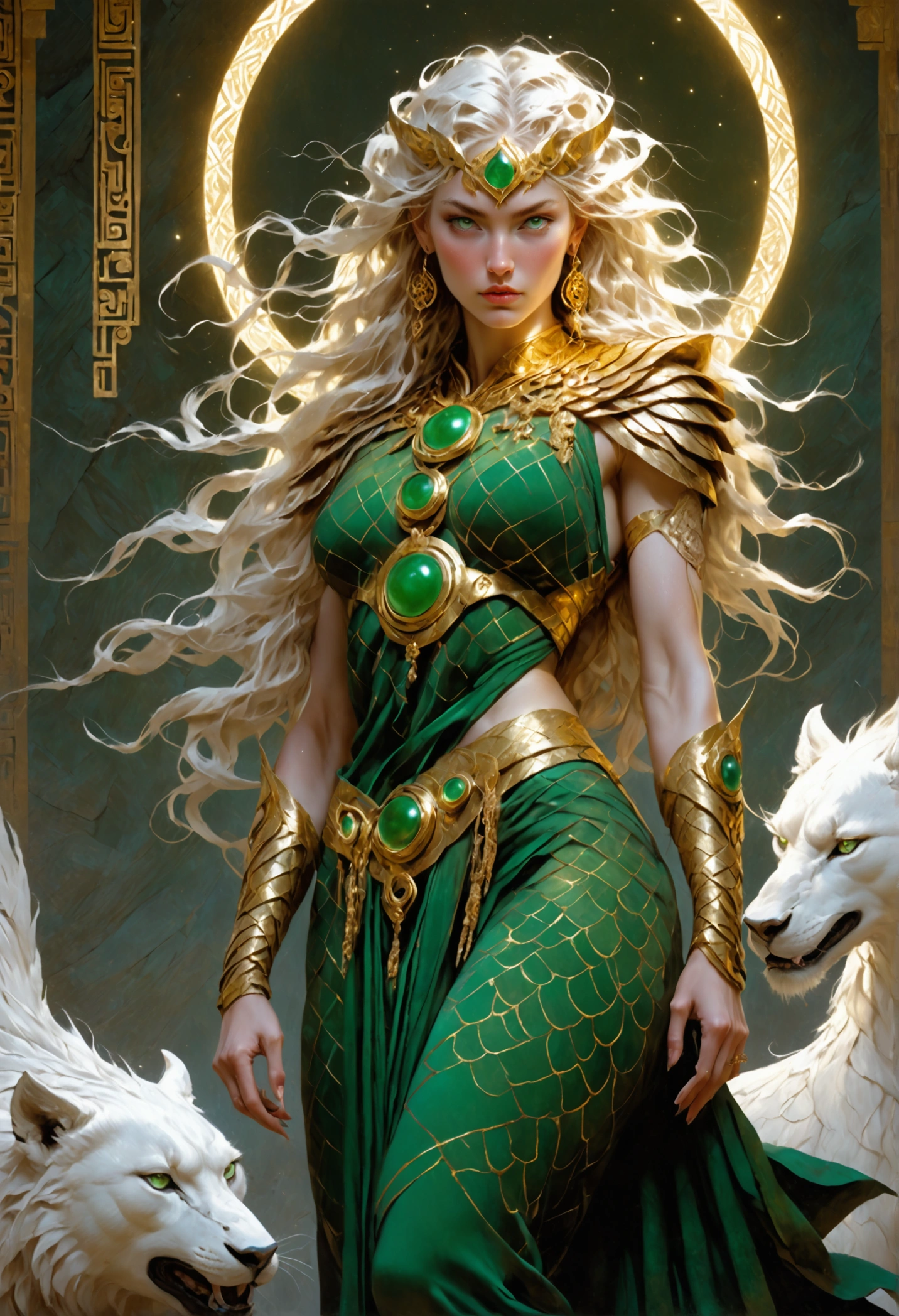 Hyperrealism, unearthly beauty Maspalla — Scythian goddess of the moon woman, white-skinned beautiful open body in full height, minimalist clothes made of golden scales on the body and patterns from the culture of the Scythians with green jade eyes in a fantastic Utopian lunar temple, dynamic pose, sharp focus, studio photo, complex details, high detail