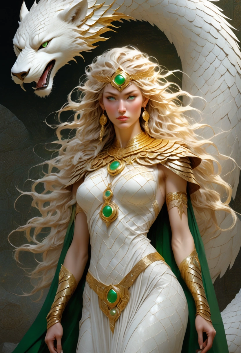 Hyperrealism, unearthly beauty Maspalla — Scythian goddess of the moon woman, white-skinned beautiful open body in full height, minimalist clothes made of golden scales on the body and patterns from the culture of the Scythians with green jade eyes in a fantastic Utopian lunar temple, dynamic pose, sharp focus, studio photo, complex details, high detail