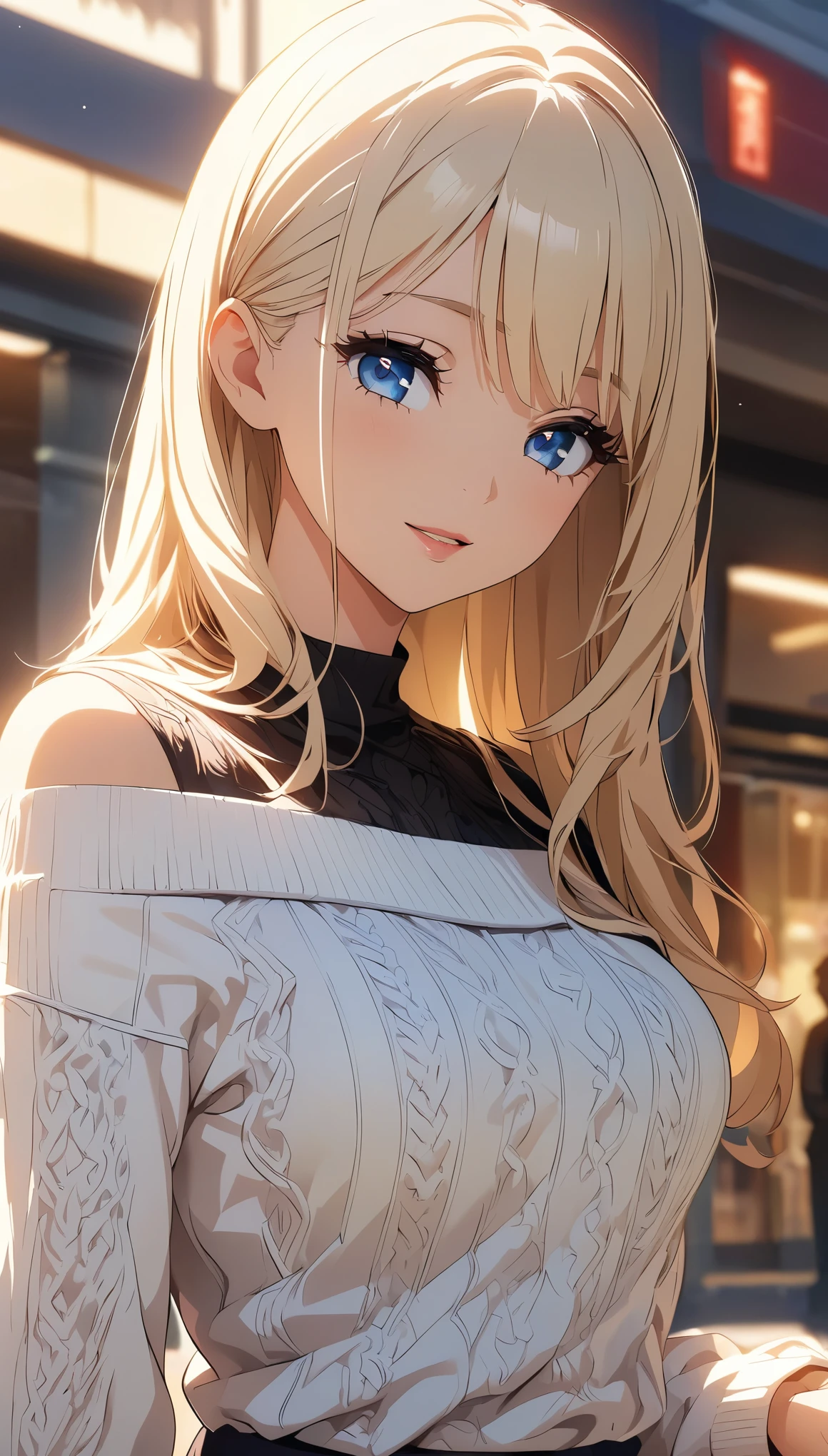 (Best Quality:1.2, Very detailed, Anime Style, Detailed CG illustration, Ultra-high resolution, High Contrast, masterpiece:1.2, Best aesthetics), (1 girl), セクシーなニットドレスを着たBeautiful woman、Knit fabric that fits snugly against the body、Off the shoulder、Sheer knit、Carefully drawn face and eyes, Beautiful woman, Beautiful eyes, Fine eyelashes, Glossy lips, Rouge, Overflowing with smiles、Graceful pose、Scenery during shopping、Warm Light、Soft Shadows、Cinematic composition、Chiaroscuro。