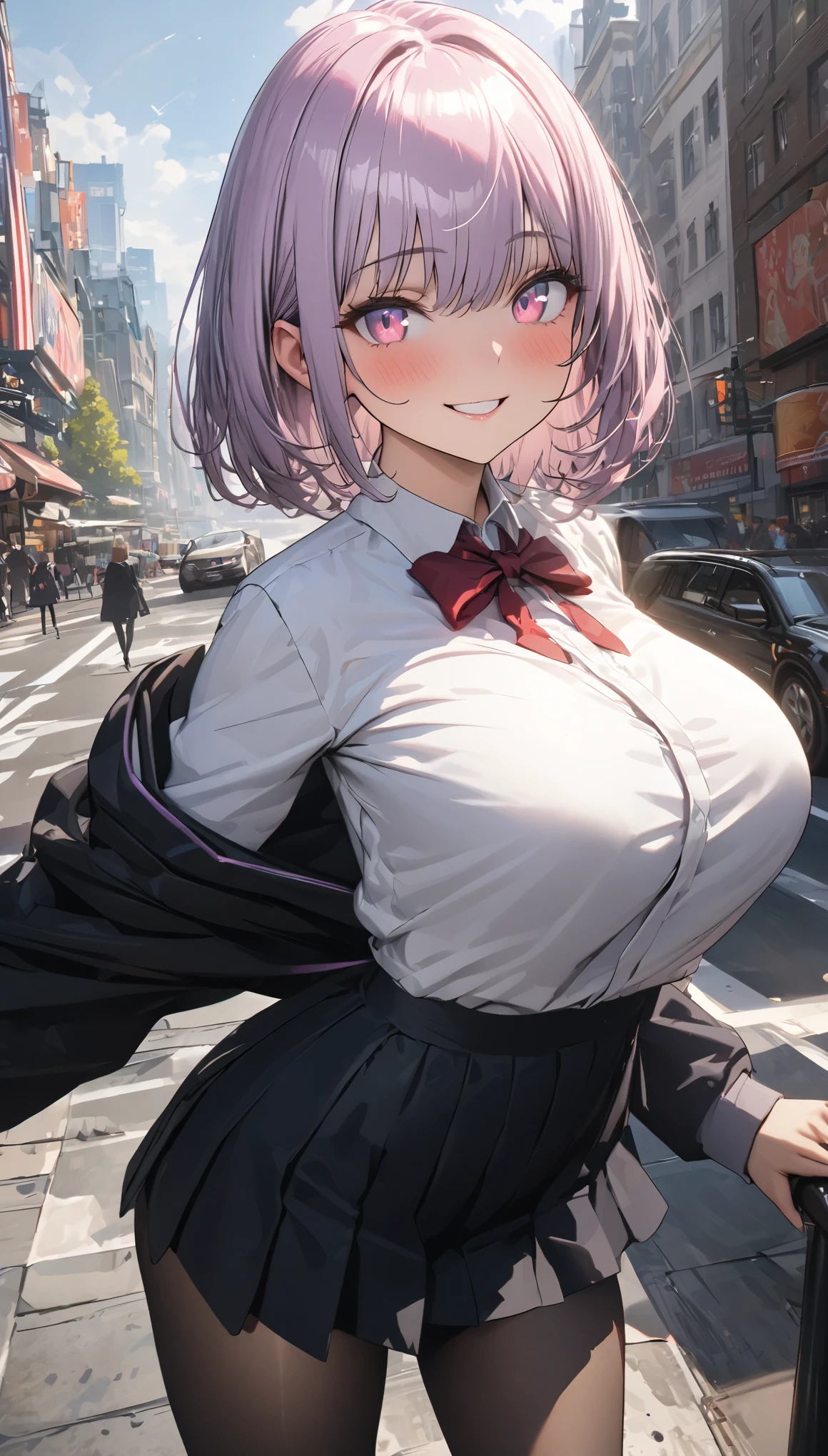 One woman、Beautiful Skin、Light purple hair、Short Hair、Big Breasts、Small waist、Big Ass、High school girl、White blouse、Large hoodie、mini skirt、Black tights、loafers、Pale pink eyes、Big Eyes、Cheerful expression、smile、Naughty look、City、, UHD, retina, masterpiece, accurate, anatomically correct, textured skin, super detail, high details, high quality, award winning, best quality, highres, 1080P, HD, 4K, 8k, 16k