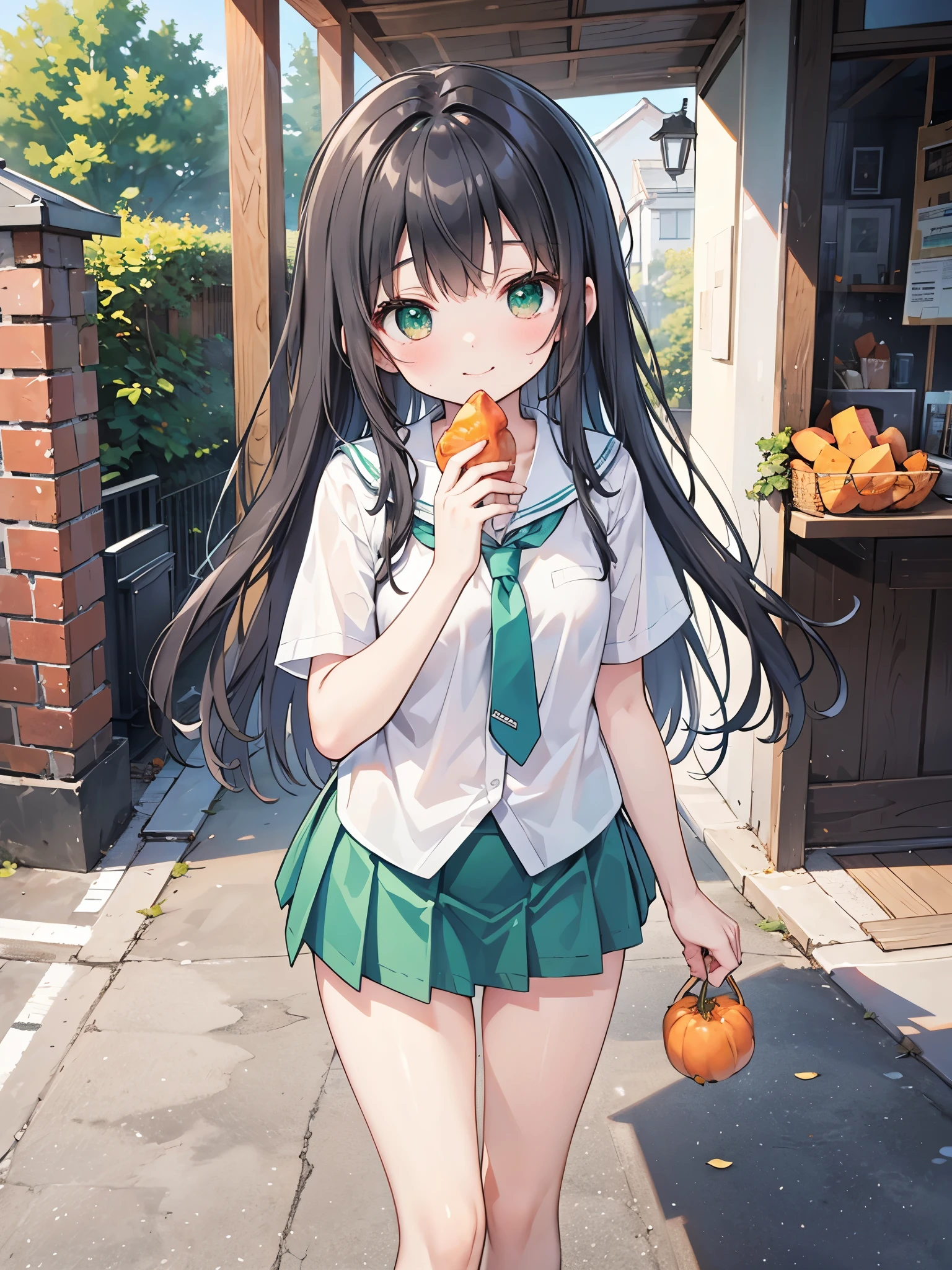 ((Best Quality, 8k, masterpiece: 1.3)),people間の***,１people,１peopleで,((Petite,Glamorous Body,Curvy)),cute,A smiling face as she munches on sweet potato with relish,((Long black hair)),Beautiful emerald green eyes,(((Holding a large half-eaten sweet potato in both hands while walking))),Short sleeve blouse,Green tie,Green mini skirt,Scenery of the school route home from school in Japan,(((Bust Shot))),