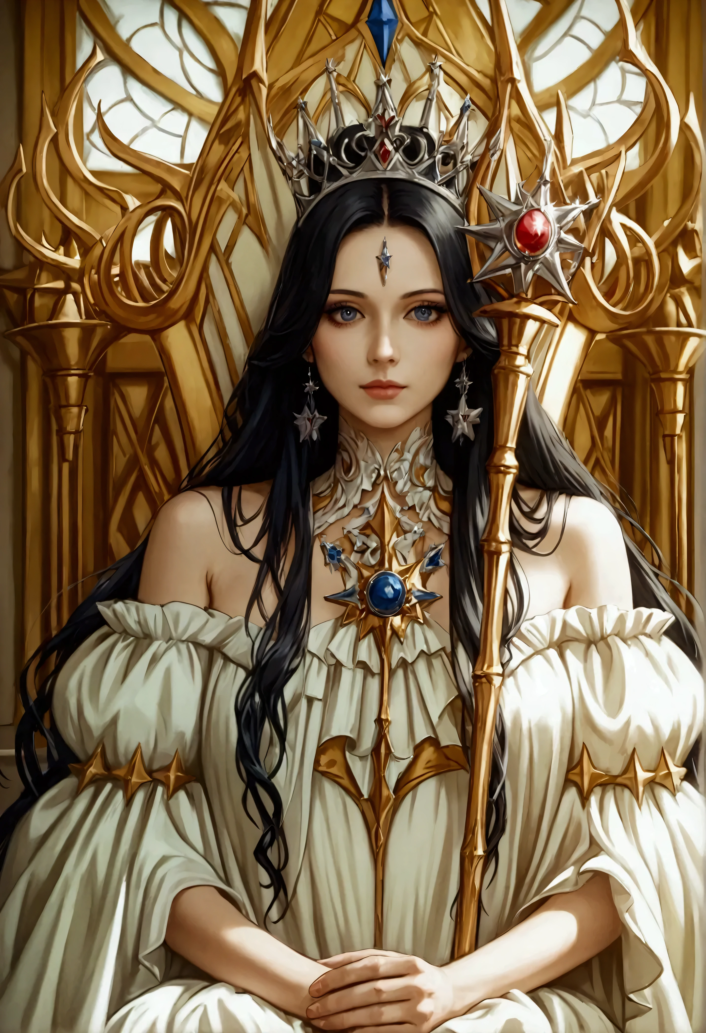 a picture of an empress  wearing white dress (intricate details, Masterpiece, best quality: 1.5), holding a scepter (intricate details, Masterpiece, best quality: 1.5), wearing a crown with 12 stars (intricate details, Masterpiece, best quality: 1.5), sitting on a throne (intricate details, Masterpiece, best quality: 1.5), black hair, long hair, flowing hair, intense eyes,  dynamic light, from the front, high details, best quality, 16k, ((ultra detailed)), masterpiece, best quality, (extremely detailed), ultra wide shot, photorealistic,  ((12 stars in the background)), best quality, highres, ultra wide angle, fflix_ufantasy