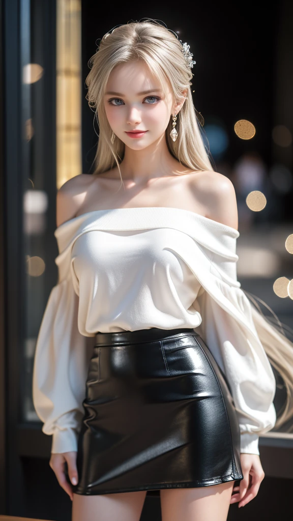 ((Off-the-shoulder knit、Flared long skirt))Extraordinary sexy beauty、beautiful, calm and bright look、Sexy and refreshing look、完璧なbeautifulcute顔、Very bright, Bright Blue Eyes、Short Ponytail、Long bangs between the eyes、Long platinum blonde straight hair、beautiful facial hair、とてもcute、beautifully、Sexy young tiny woman、非常に完璧なbeautifulcute顔、beautiful clear cute eyes、Real17歳女性、cute,((Small breasts))、(((Long white hair)))、(())、) And a very slim figure,,,,,、Very thin leganicules、Earrings、Pink Lip、choker、Real、Sexual、Highest quality、Detailed face、Detailed Background、Depth of written boundary、whole body viewing angle、Sexual、alone、night,Highest quality、High resolution、超High resolution(Real:1.4)Detailed eyes、Gradation、Perfect anatomical figure、Woman with perfect body、Highly detailed skin、非常にDetailed face、細部までbeautiful目、Background blur、