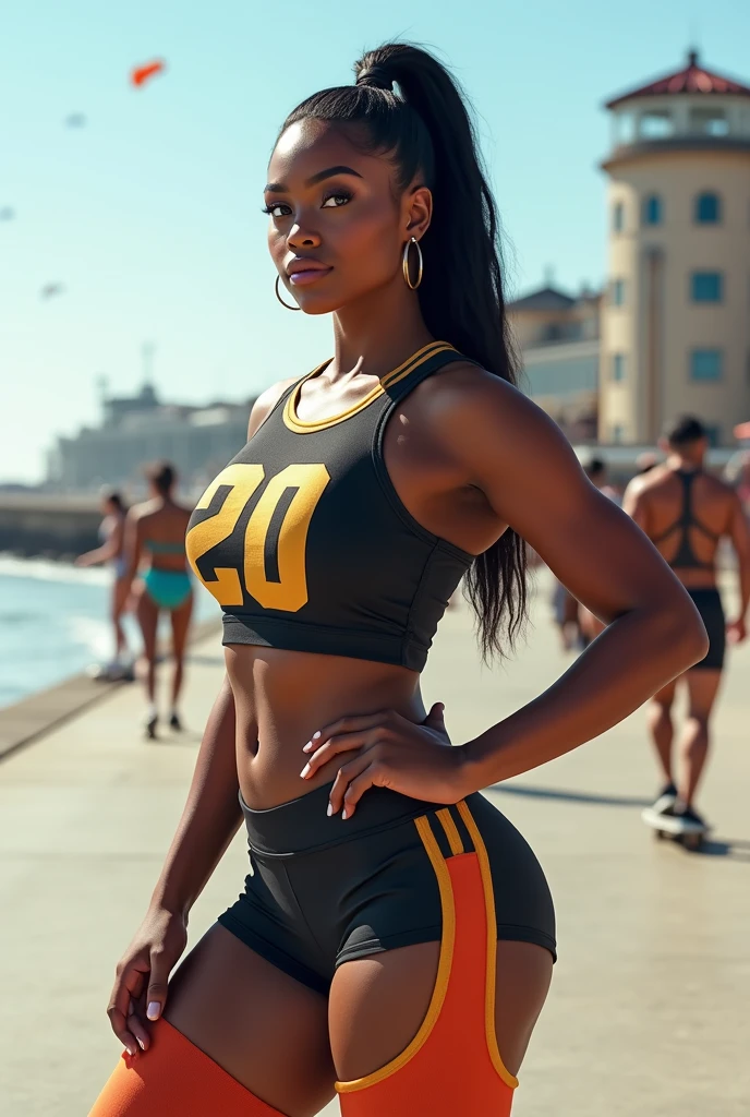 extremamente realista, extremamente sexy, muito linda, pernas grossas Fitness, bunda grande, wearing Air Jordan Sneakers, camiseta preta e laranja, cueca, Cabelos lindos, boca linda, olhos lindos, Chameleon color on background, 8k